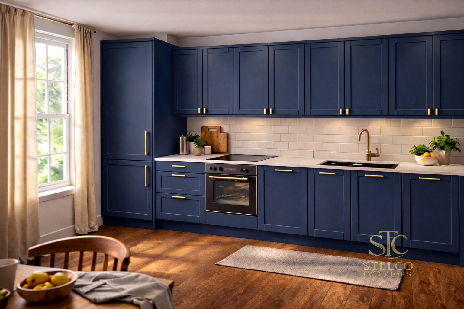 Modern kitchen with navy and brass accents.png
