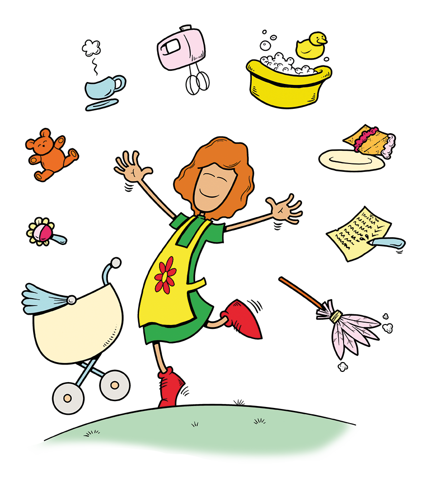 A cheerful woman with short, curly hair, wearing a green dress with a yellow apron decorated with a red flower, dancing joyfully with her arms outstretched. Surrounding her are various objects including a teddy bear, a baby stroller, a teacup, a hairdryer, a rubber duck in a bathtub, a slice of cake on a plate, a list of notes, a pink feather pen, and a colorful lollipop, on a green grassy surface.