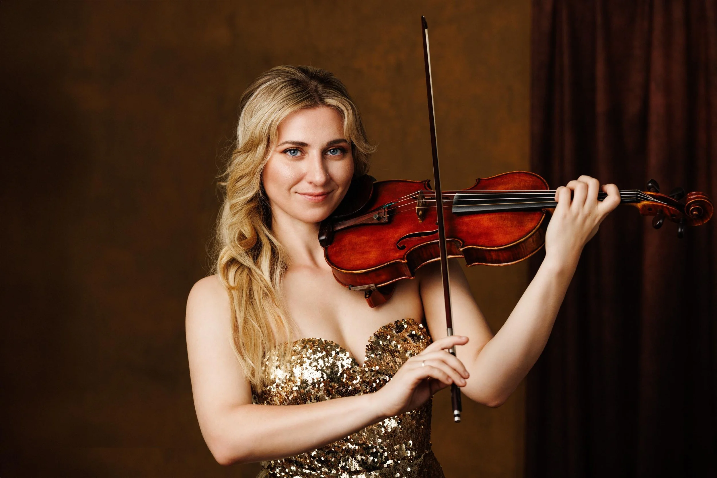 Studio portrait of a professional violinist in a gold sequin dress, Edinburgh — Angelique Portrait Photography