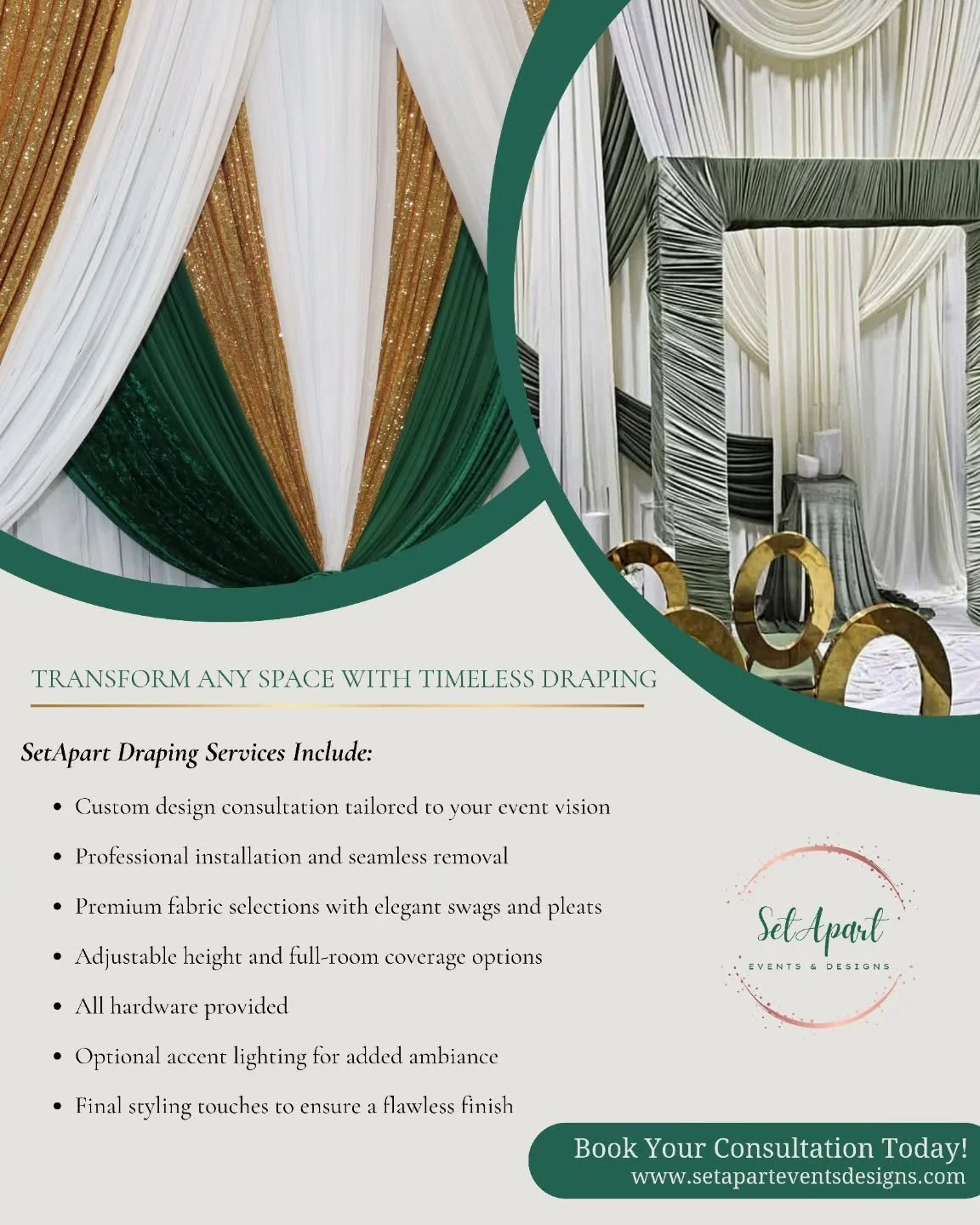 Transform any space with timeless draping!!!

From intimate gatherings to grand celebrations, our SetApart Draping Services bring elegance, texture, and intentional design to every event.

Whether you envision soft romantic pleats or bold statement b