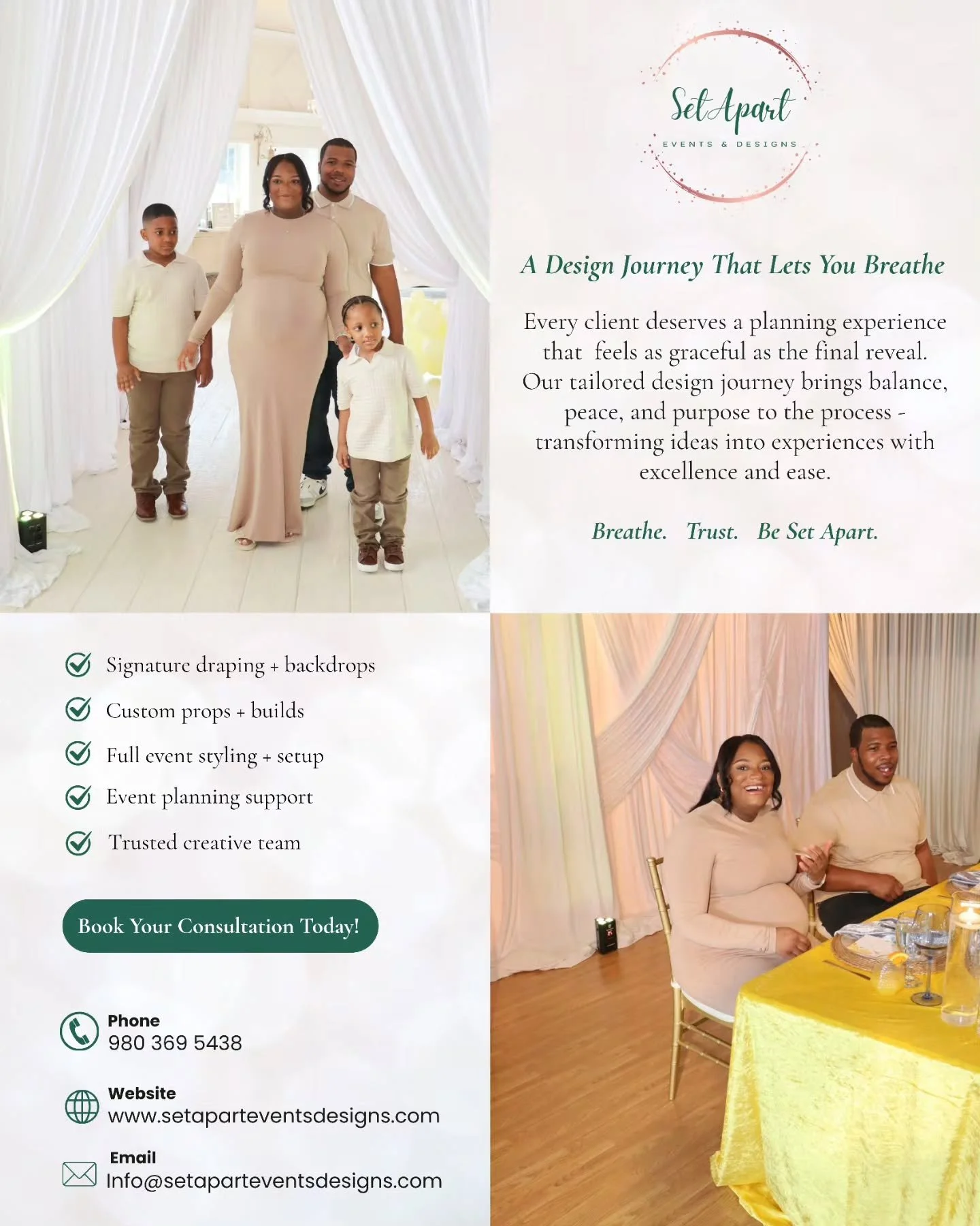 The heart behind it all 💛

Not just events&hellip; but moments built with intention, love, and purpose.

From our family to yours, we design experiences that feel as good as they look.

Ready to begin your design journey?

Book your consultation tod