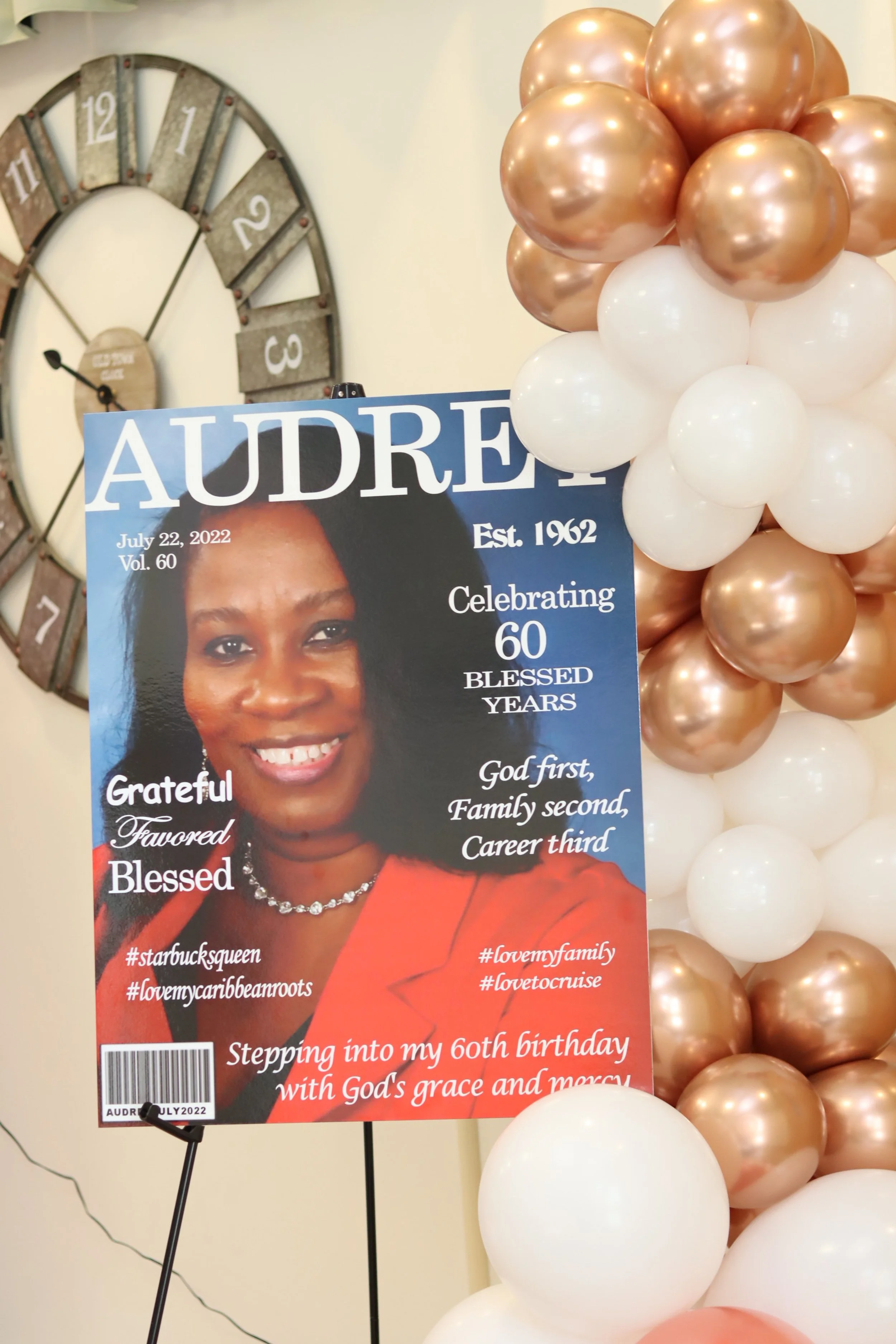 Magazine cover celebrating a 60th birthday with balloons around it.