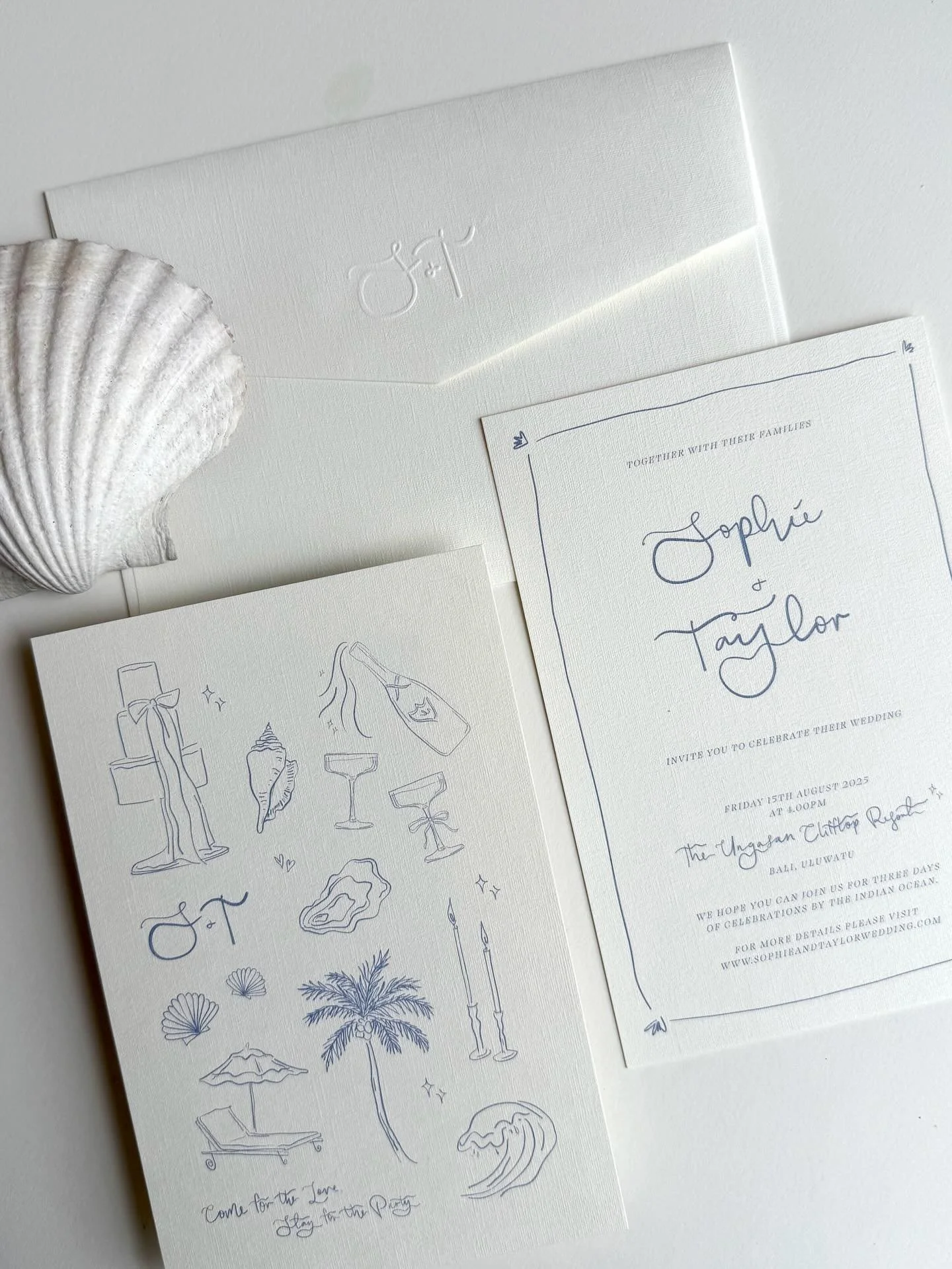 The Assemble Collection for Sophie and Taylor - coastal luxe Bali style in a beautifully textured ivory linen card, monogram embosser stamped envelopes and soft ocean blues 🤍

#assemble #semicustom #weddinginvitations #weddinginvites #wedding #weddi