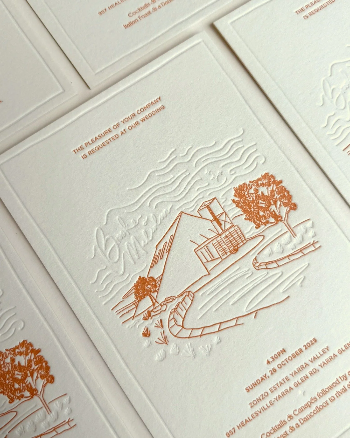 Look at this delicious cushiony letterpress and blind deboss detail for Brooke and Malcolm's invitation, featuring a bespoke illustration of the gorgeous @zonzoestate 

Printed perfectly by @mickeylovesjacquiletterpress alongside @wholelottalovecreat