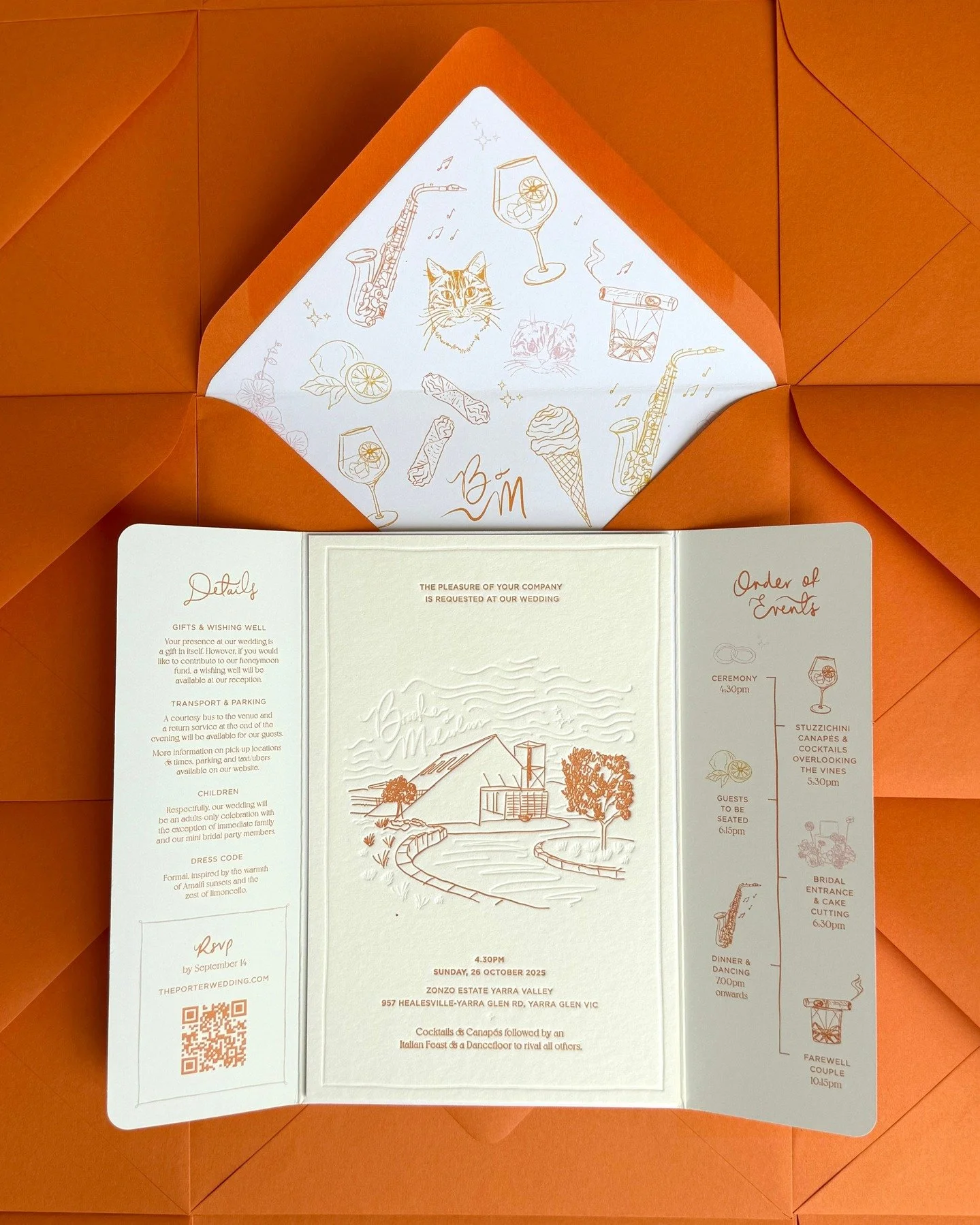Amalfi vibes &amp; sunset hues 🧡

Brooke &amp; Malcolm's Bespoke invitation suite was one of our highlights from this season. Letterpress, blind debossing, a tri-fold full of beautiful details, custom map, illustrated envelope liners, custom stamps,
