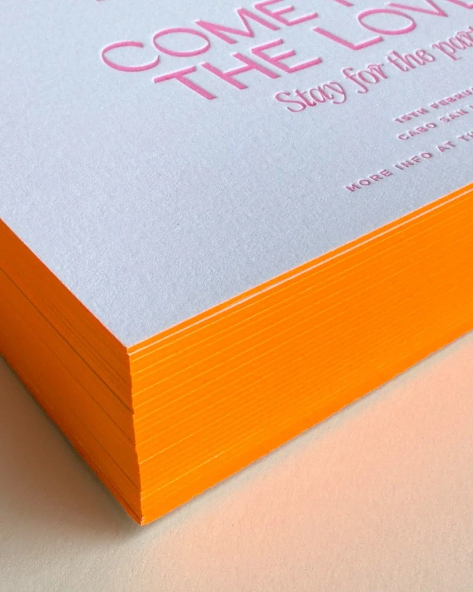 Fluro letterpress goodies for Maggie &amp; Morgan with our printing genius @mickeylovesjacqui 🧡

#semicustomwedding #vacay #fluro #invitationsuite #weddinginvitation #weddinginvite #welcomesign #modernwedding #cabo #caboswedding #sunsethues #wedding