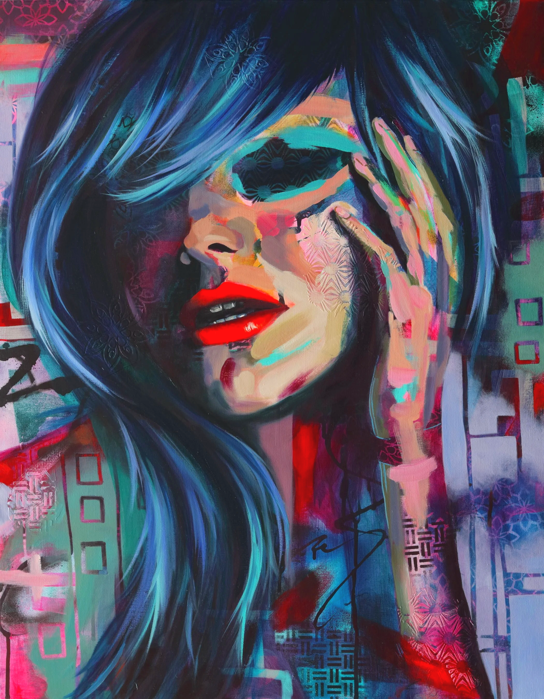 A colorful, abstract portrait of a woman with blue hair, red lips, holding her hand near her face, with digital graphic elements and patterns in the background.