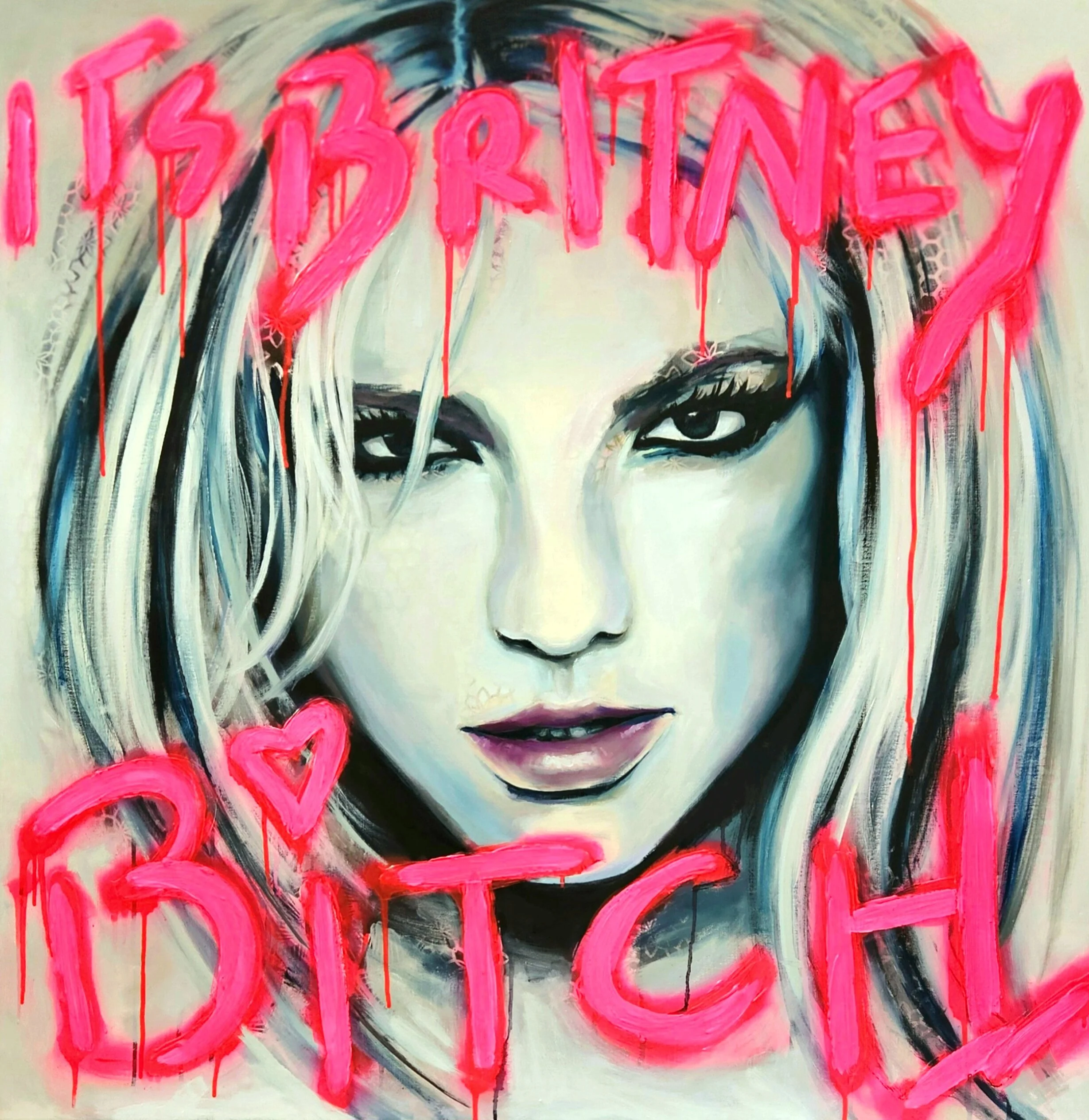 An original oil painting portrait of a Britney Spears with long blonde hair, partly covered by pink graffiti-style text that reads 'IS BRITNEY BITCH.' The woman's face appears serious with a slight smile.
