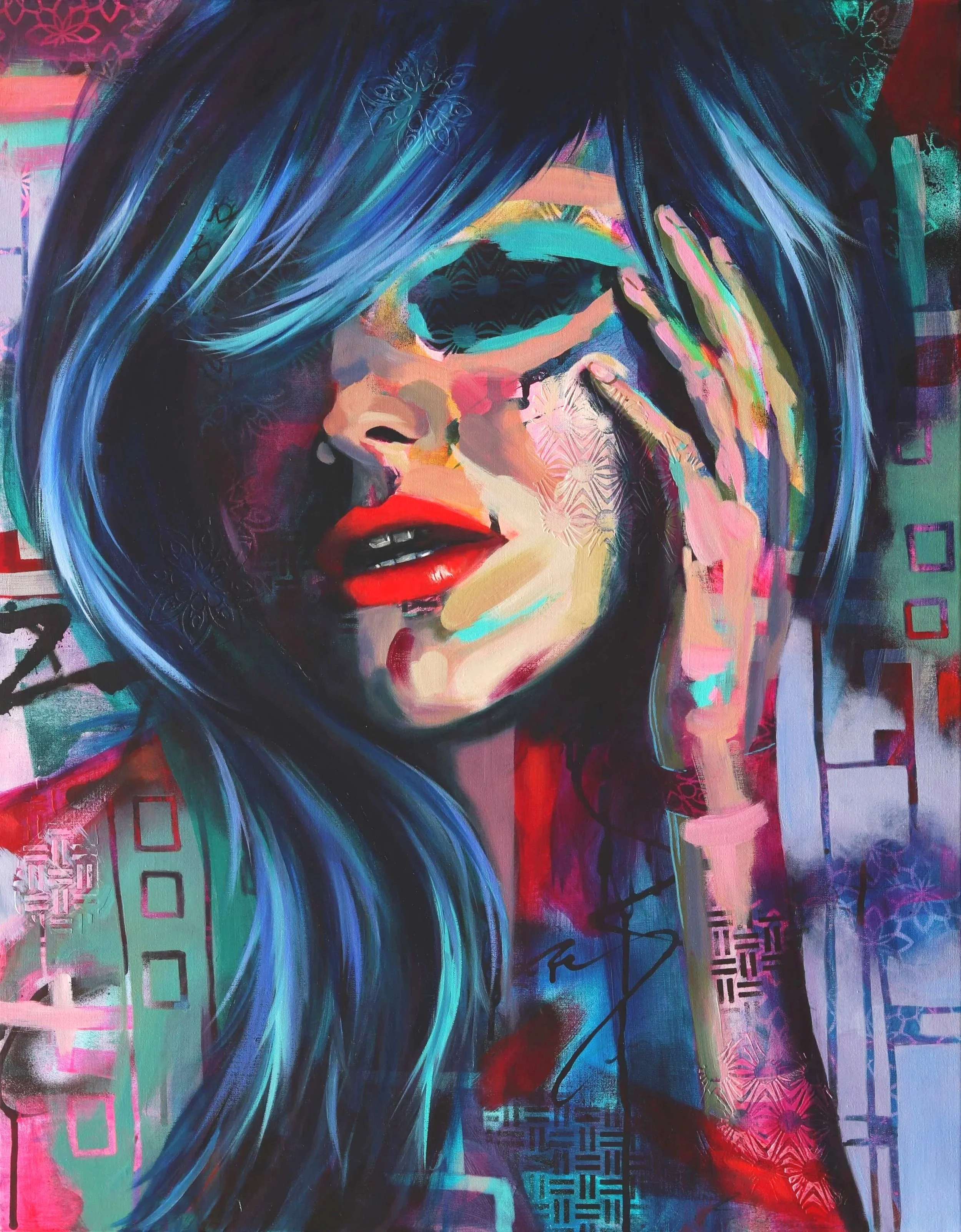 Colorful portrait of a woman with long blue hair, red lips, and a finger near her temple, with abstract geometric patterns in the background.