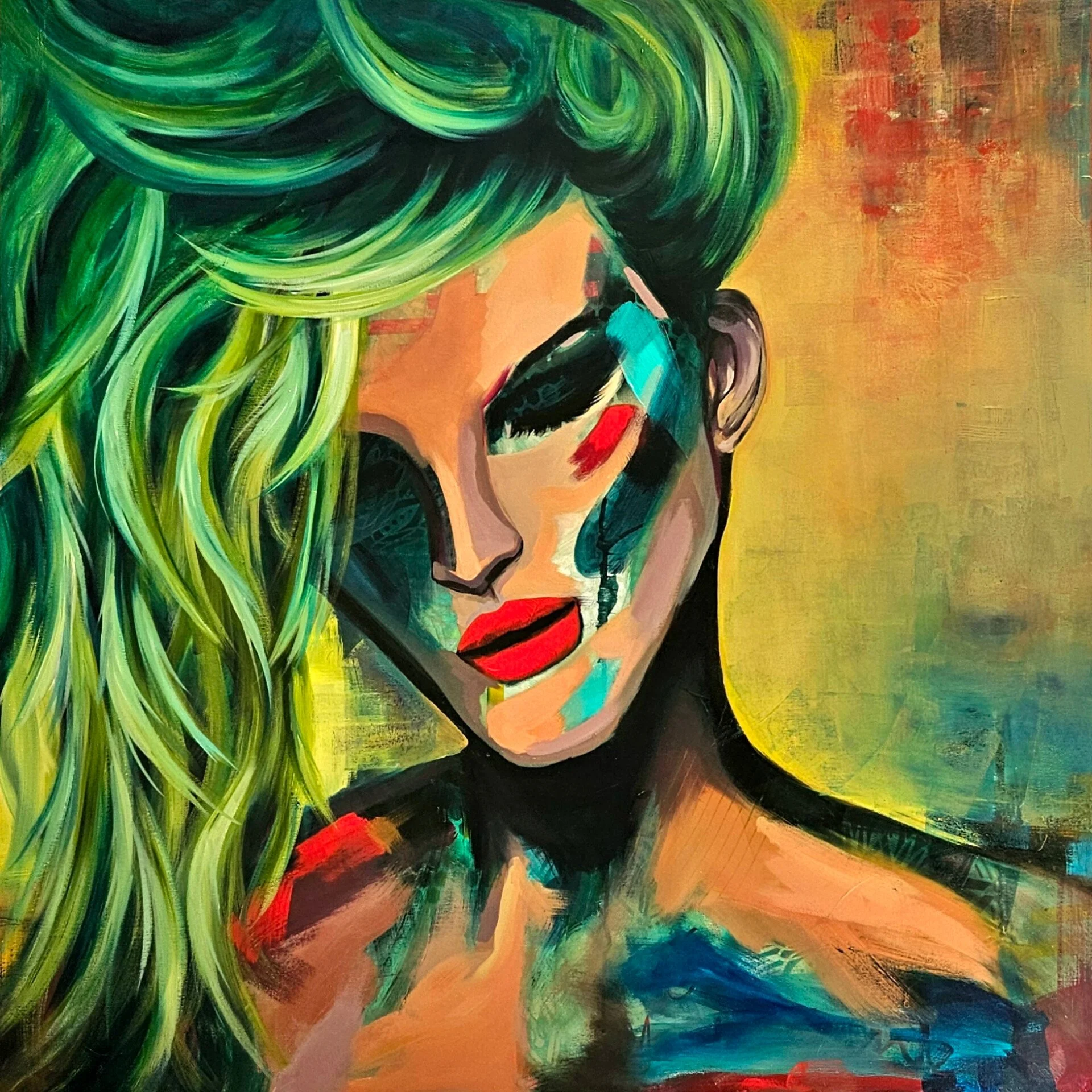 Green hair drag queen red lips abstract oil painting