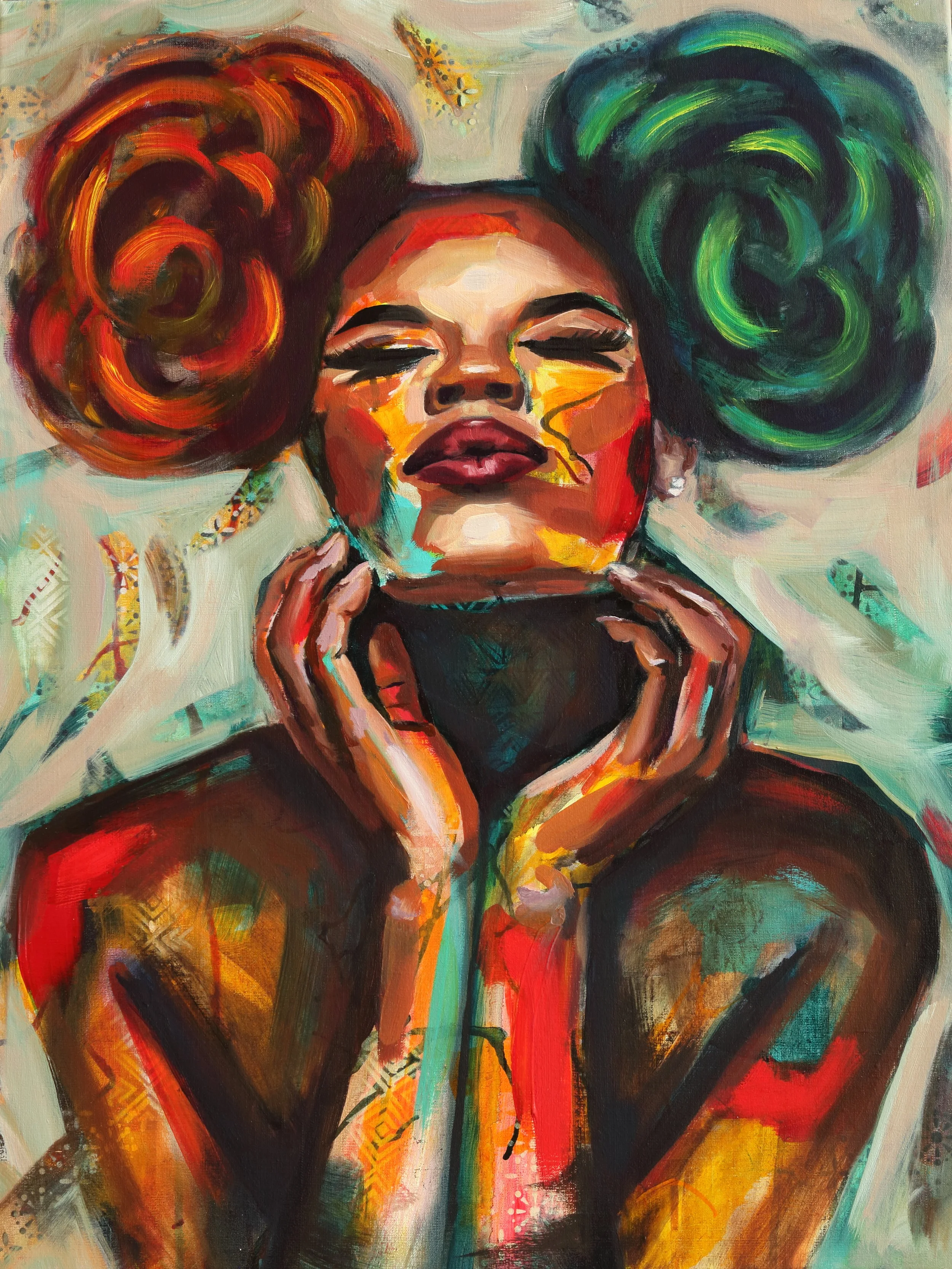 An abstract painting of a woman with large, colorful hair styled in two swirling buns, with her eyes closed and her hands gently touching her face. The artwork features vibrant, bold brushstrokes and a mix of warm and cool tones.