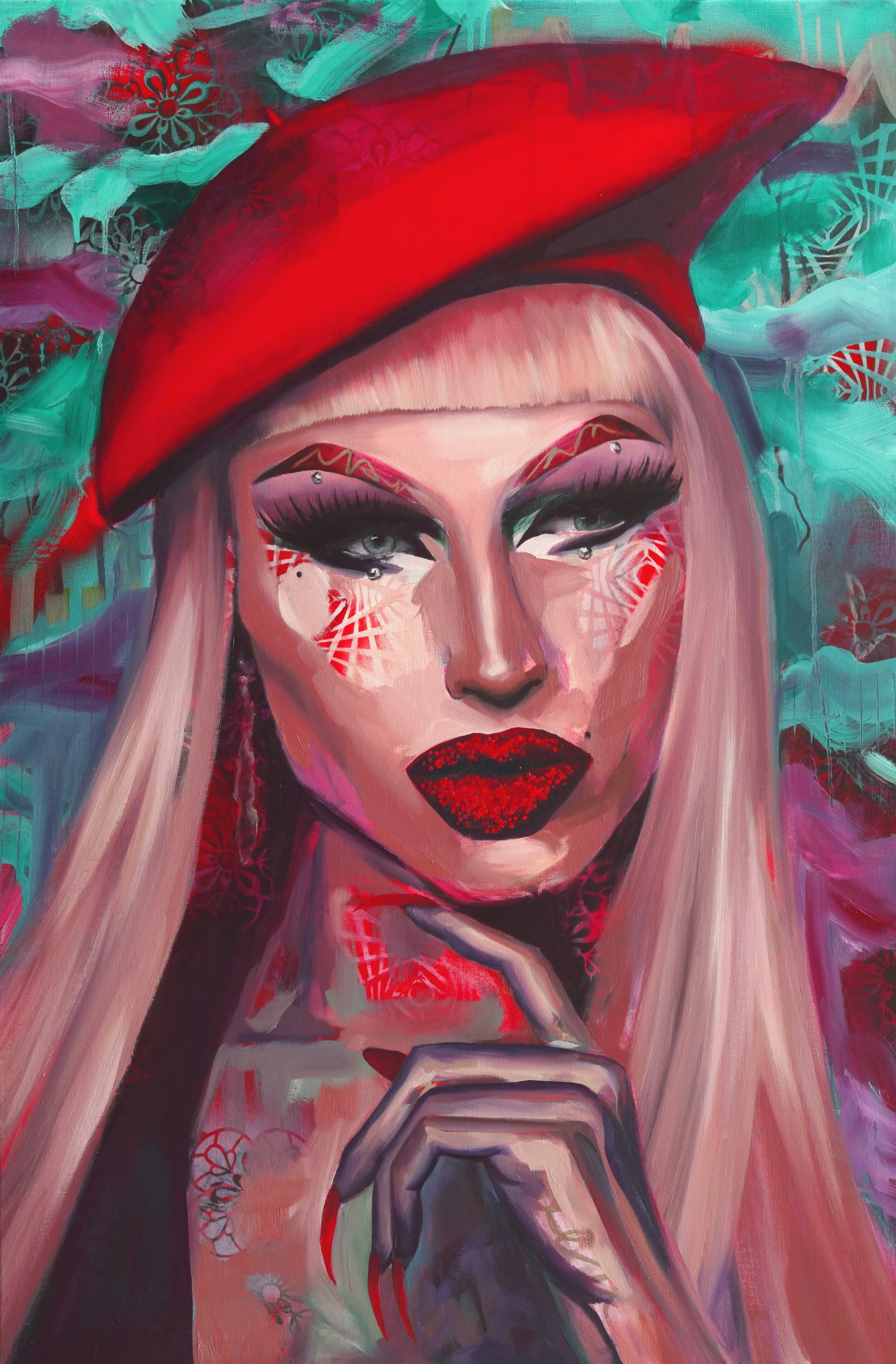 An artistic portrait of a woman with long blonde hair wearing a red beret. She has dramatic makeup with dark eyeshadow, long lashes, and red lipstick, along with artistic red and pink patterns on her face. The background features abstract colorful designs with teal, pink, and purple hues.