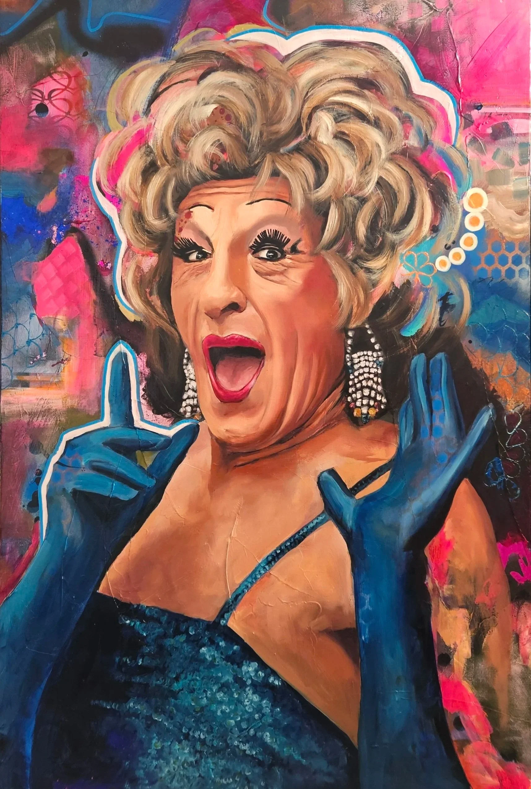 Colorful painting of an elderly woman with curly blonde hair, wearing large earrings and long blue gloves, making a playful expression with one eye closed and mouth open. Bright abstract background.