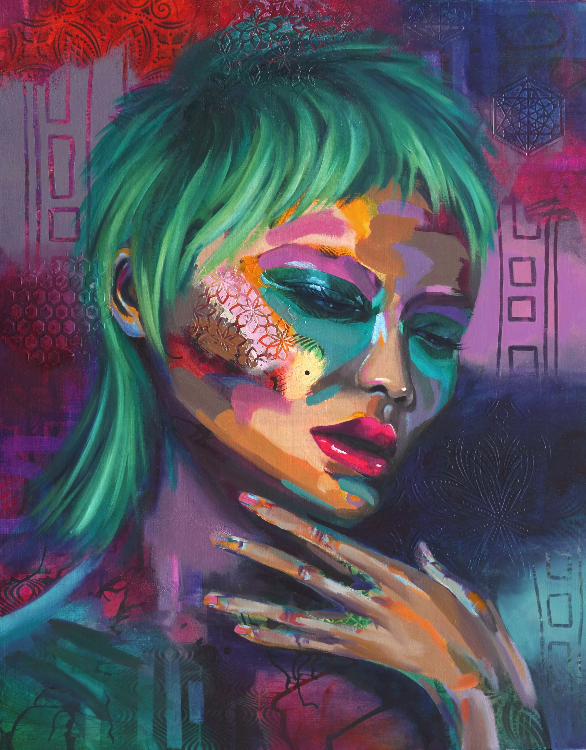 A colourful abstract oil painted portrait of a woman with green hair, closed eyes, and vibrant makeup, featuring intricate patterns and abstract painted elements in the background.