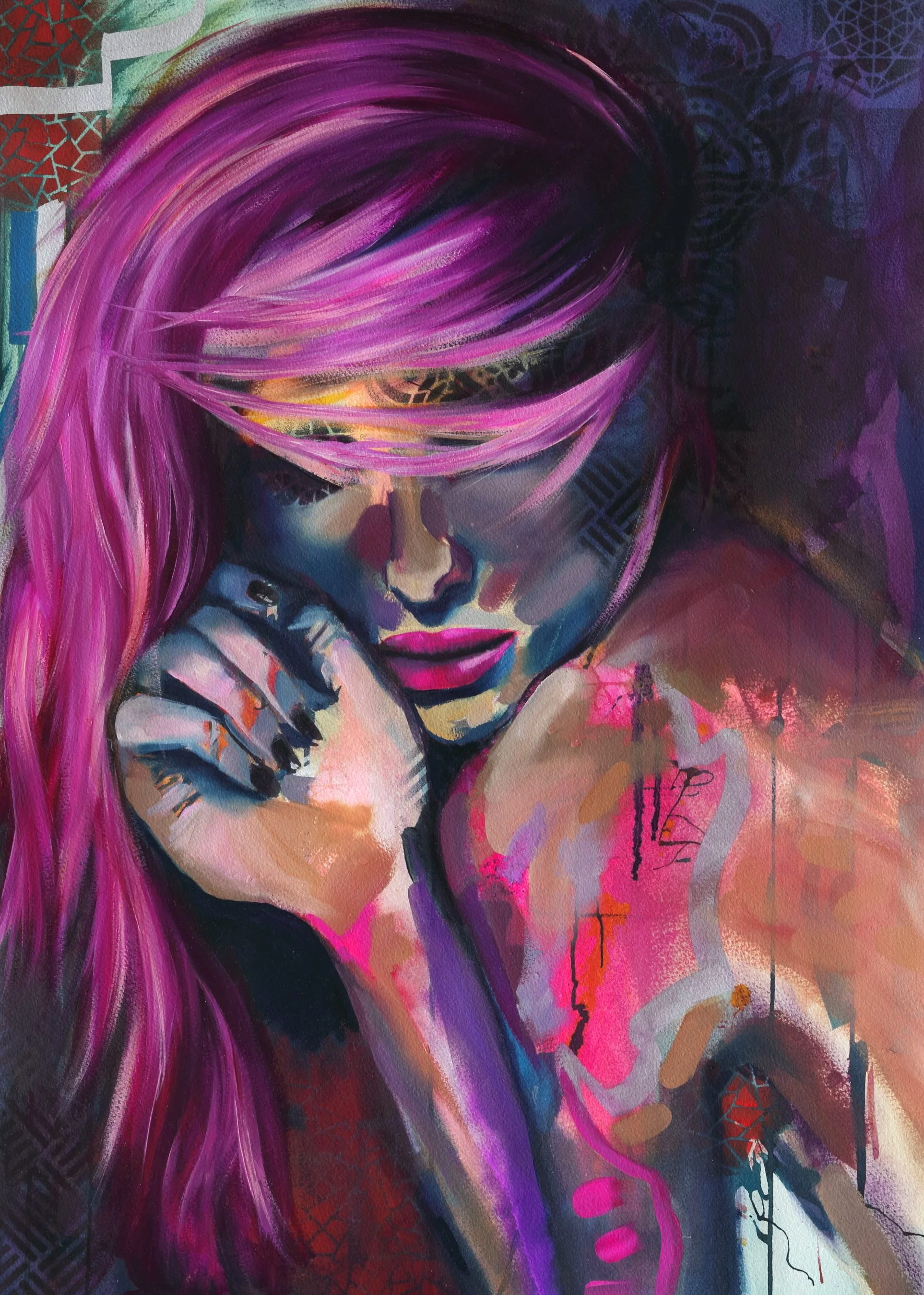 Modern abstract portrait of a woman with long pink hair, her eyes closed, hand near her face, featuring vibrant colors and expressive brushstrokes.