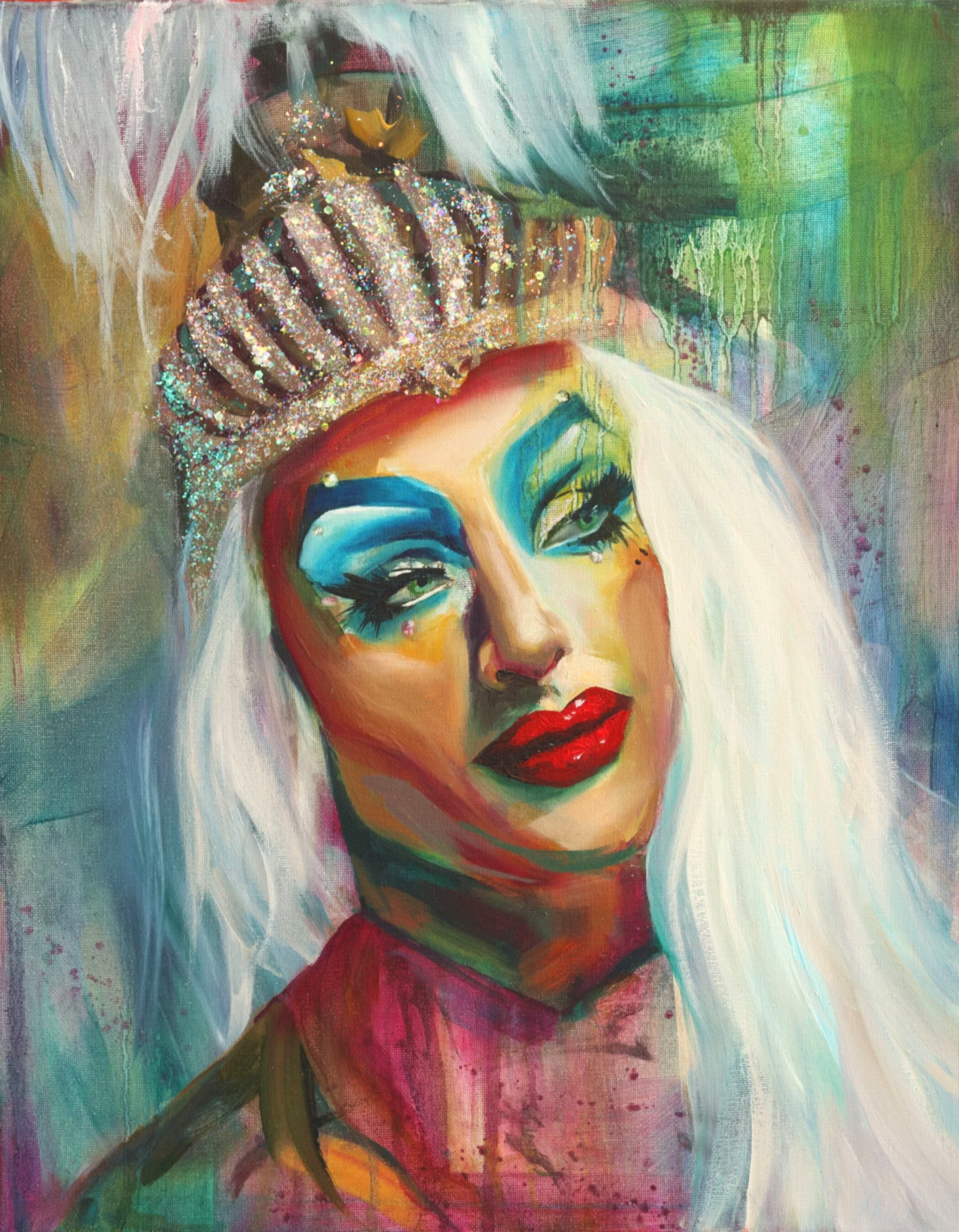 Oil painted Portrait of boylesque  star Chris Oh with white wig, vibrant makeup including blue eyeshadow and red lipstick, wearing a glittery crown against a colourful abstract background. He is looking in the mirror.