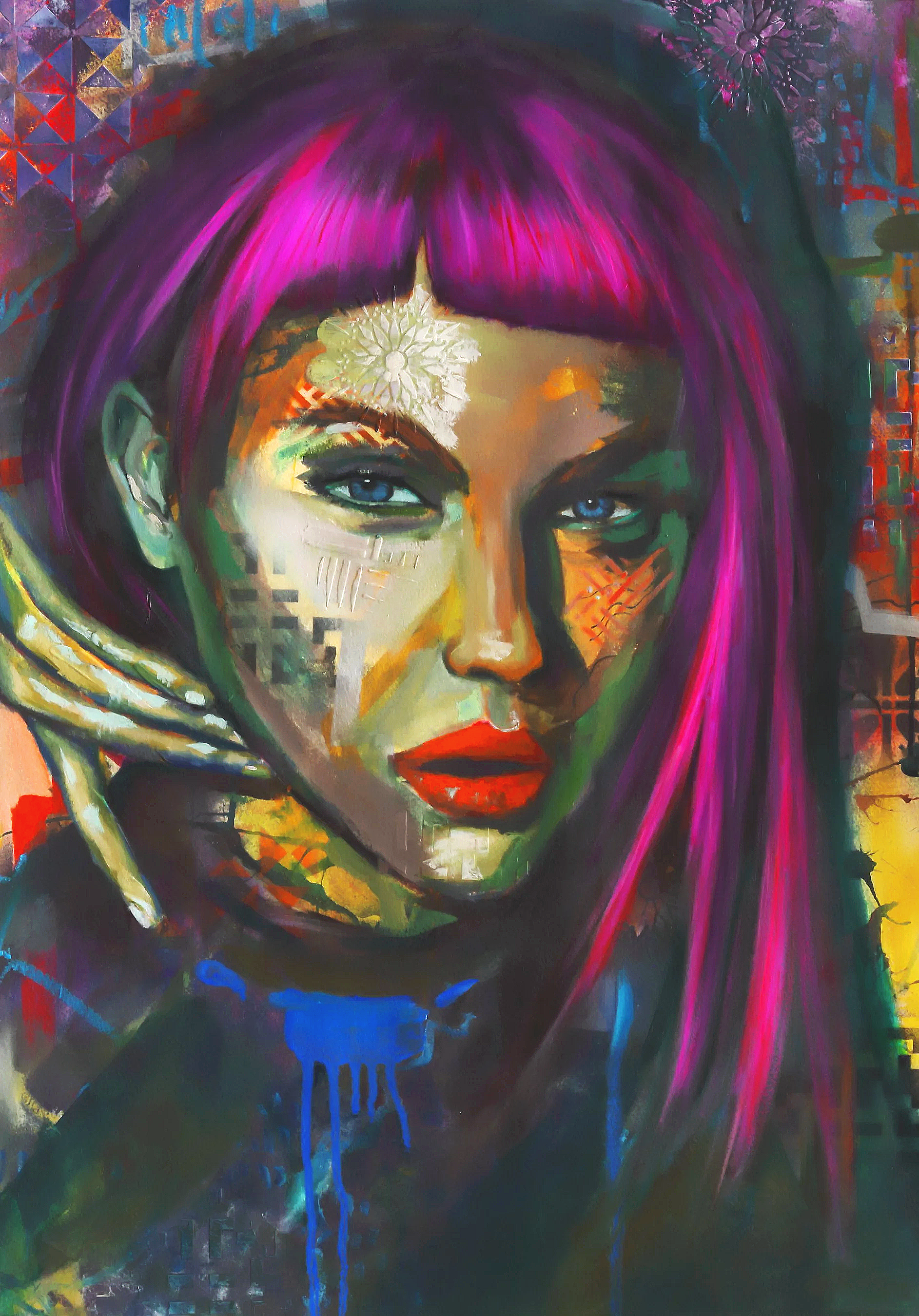 A colorful abstract oil painted portrait of a woman with vivid pink hair, blue eyes, and red lipstick, blending realism with graffiti and abstract painting elements.