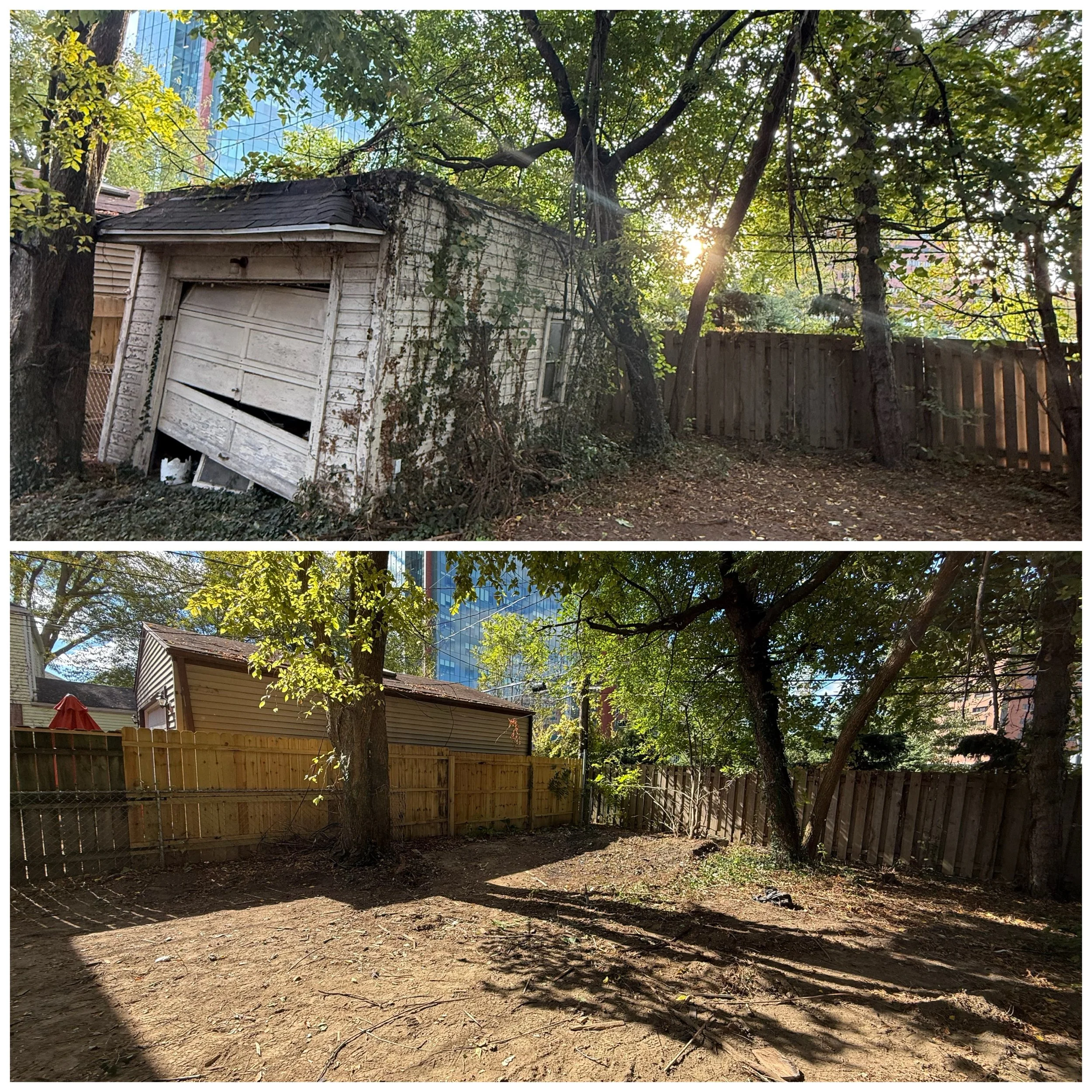 Before and after photos of a backyard with a small shed. The top photo shows the shed in poor condition with peeling paint, leaning, and overgrown vegetation. The bottom photo shows the backyard after renovation, with the shed repaired, the ground cleared, and the area landscaped with trees and a new wooden fence.