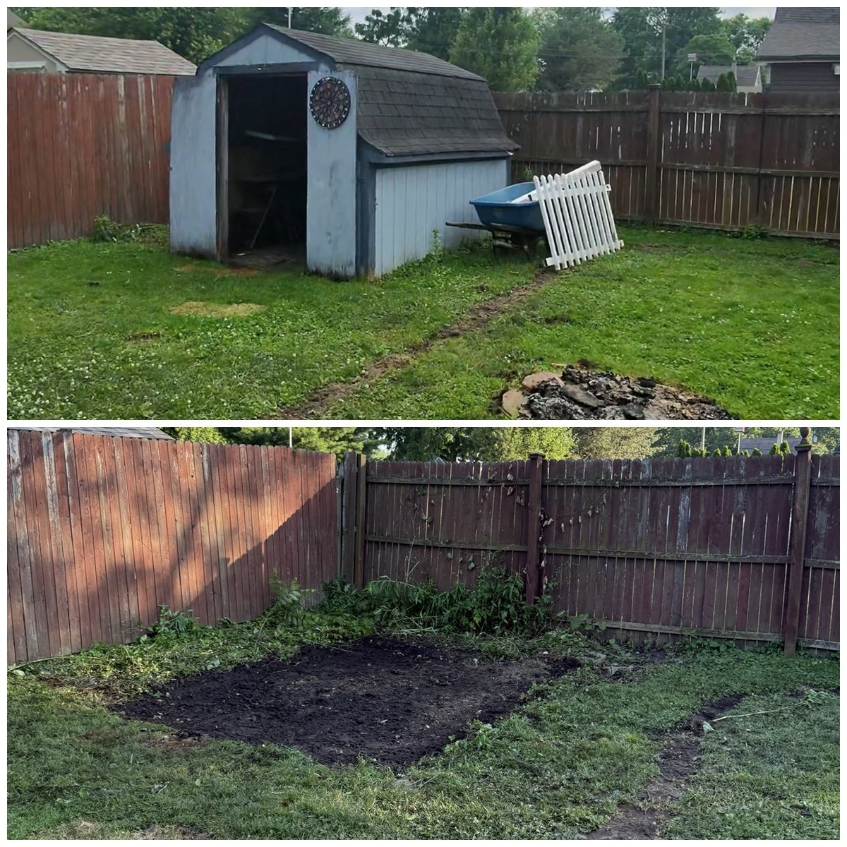 A backyard before and after a gardening project, showing a cleared area of dirt in front of a wooden fence.
