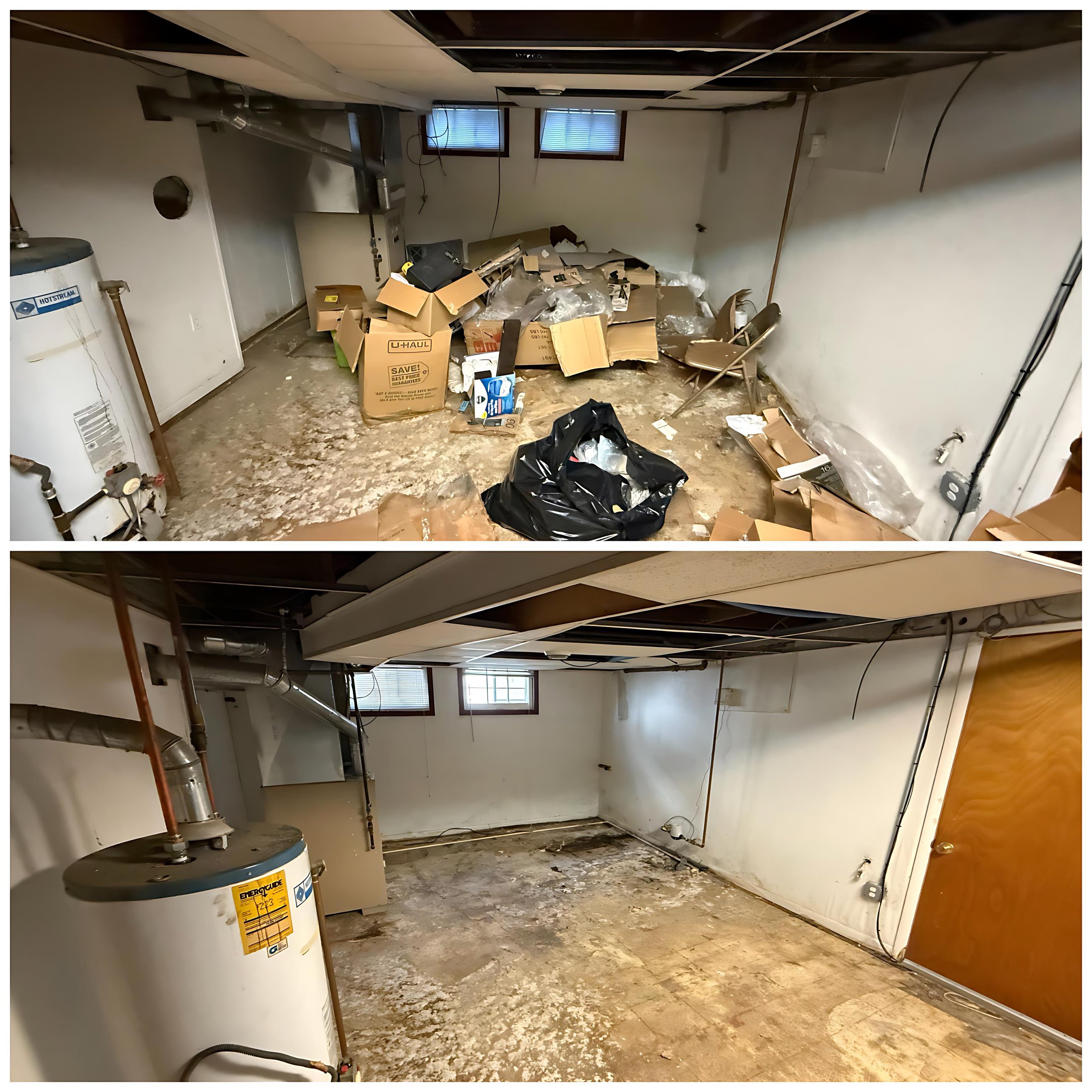 Comparison of a cluttered basement before cleaning in the top image and after cleaning in the bottom image, showing removal of trash and debris from the floor and walls.
