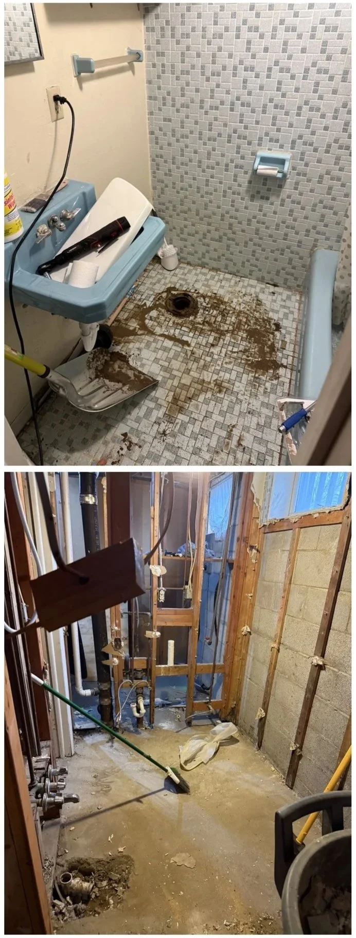 The top image shows a small bathroom with a blue sink and a stool underneath. The floor is dirty with water and mud around the drain. The wall behind the sink has a soap dish and a towel rack. The bottom image shows a room under renovation with exposed studs, pipes, and a concrete floor. A mop is leaning against the wall, and construction tools and debris are scattered around.