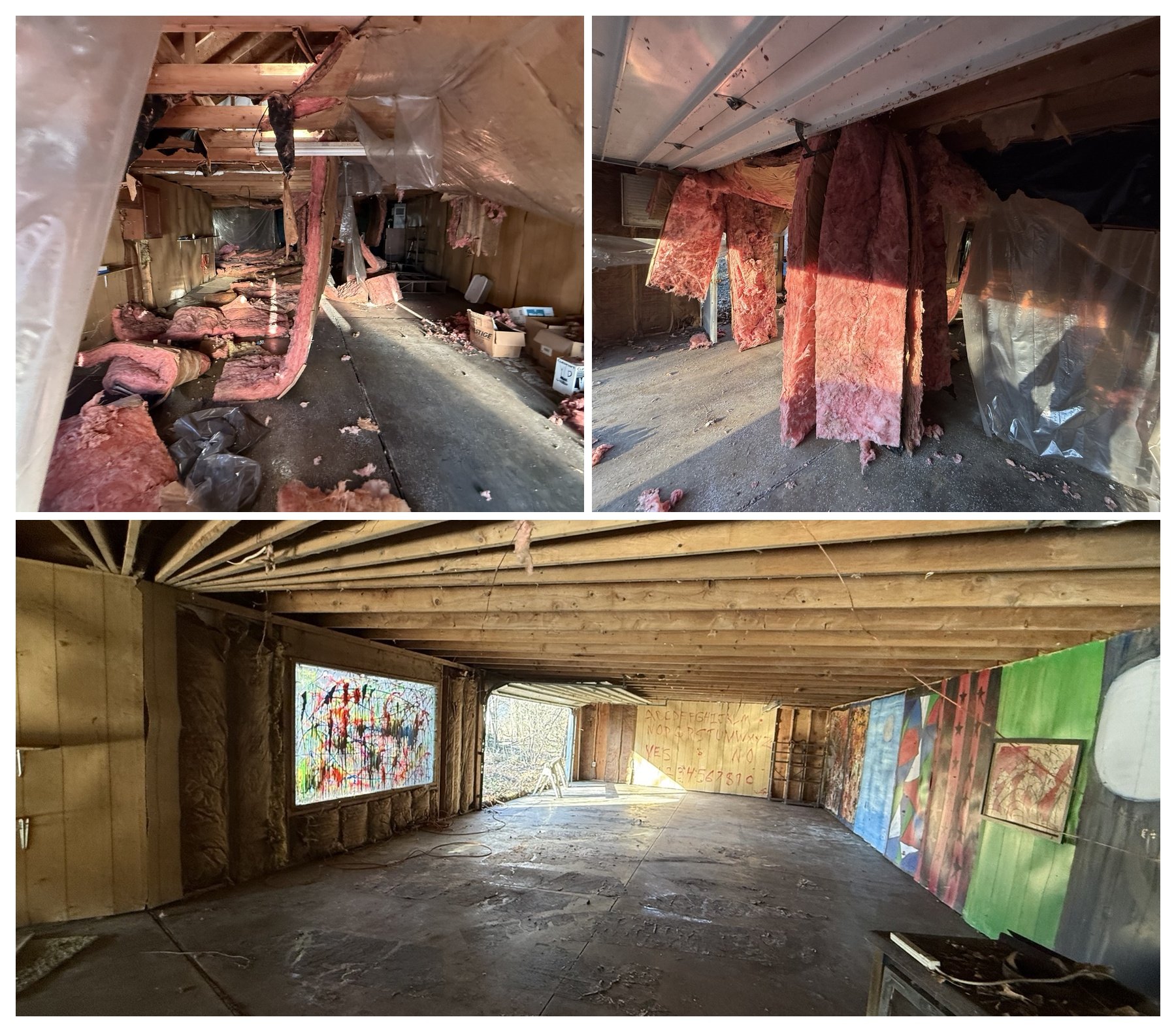 Three photos showing the transformation of a room under renovation. The first two images show the room with exposed insulation, construction debris, and partially removed wall panels. The third image shows the same room with new colorful murals painted on the walls, a clear floor, and a finished look.