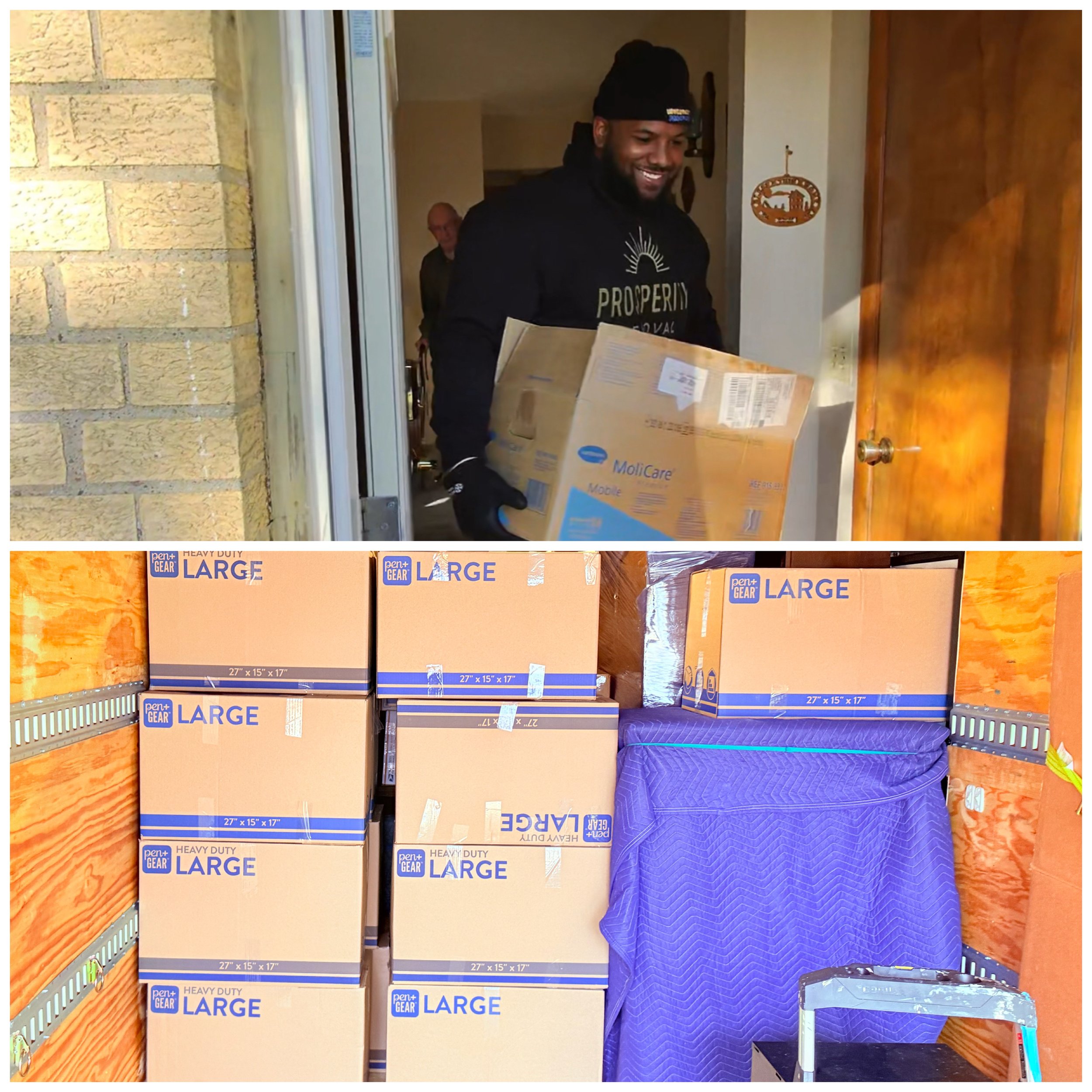 A smiling man wearing a black beanie and black shirt unloads a box of supplies through a doorway, with an elderly man in the background. Inside a storage area, there are multiple boxes labeled for large size, stacked neatly, with a purple moving blanket and a small step ladder.