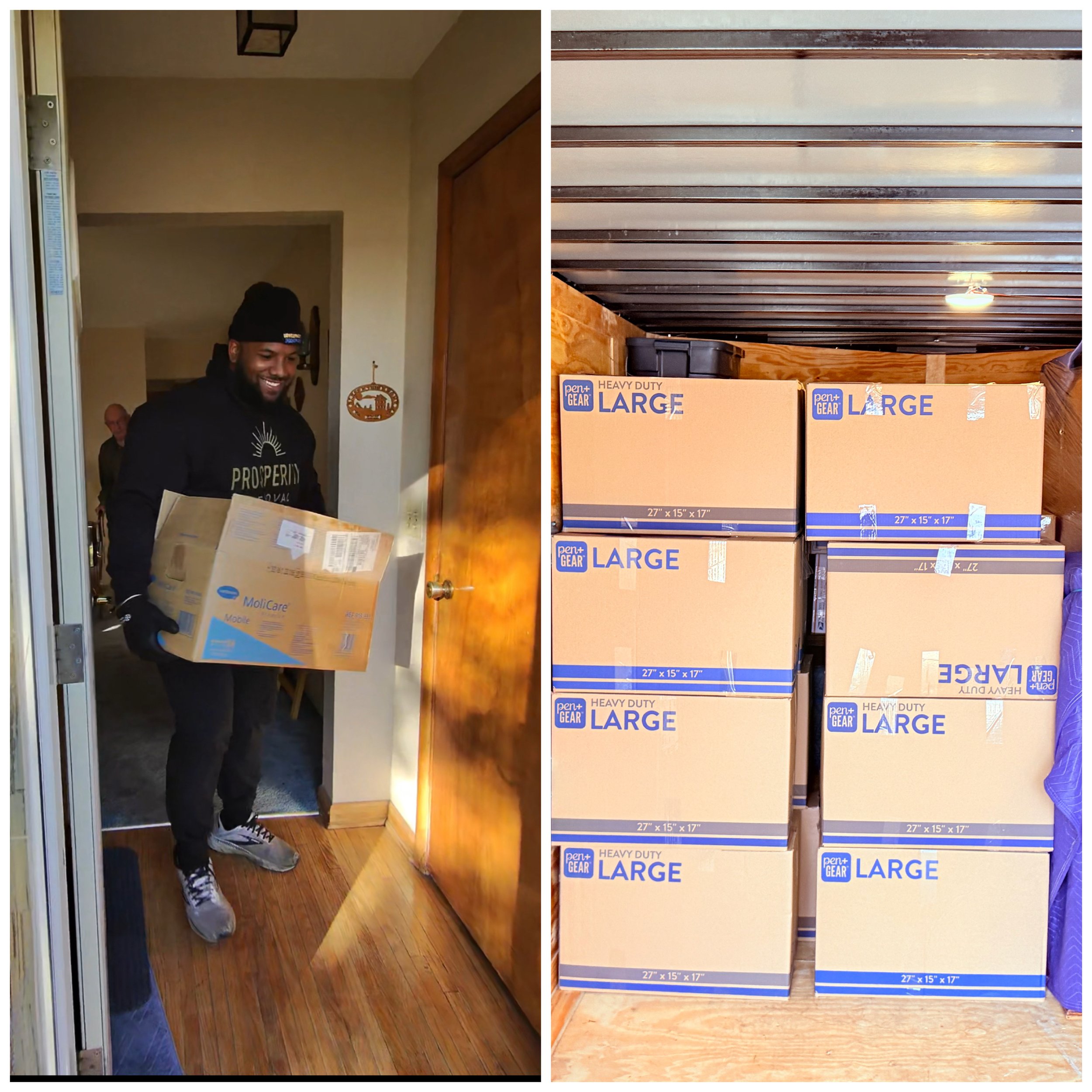 A man holding a box at the door of a home with boxes stacked in a storage space.