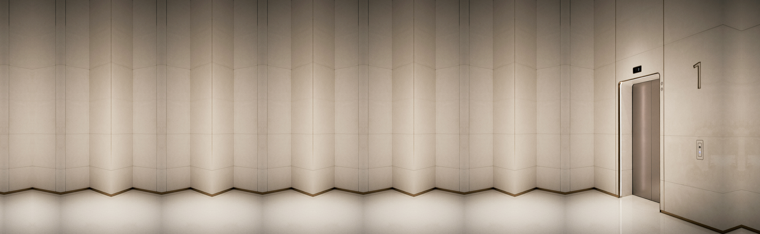 Modern beige elevator lobby with tall angular wall panels and a closed lift door marked ‘1’, symbolising vertical transportation and the sector’s shift toward service and modernization.
