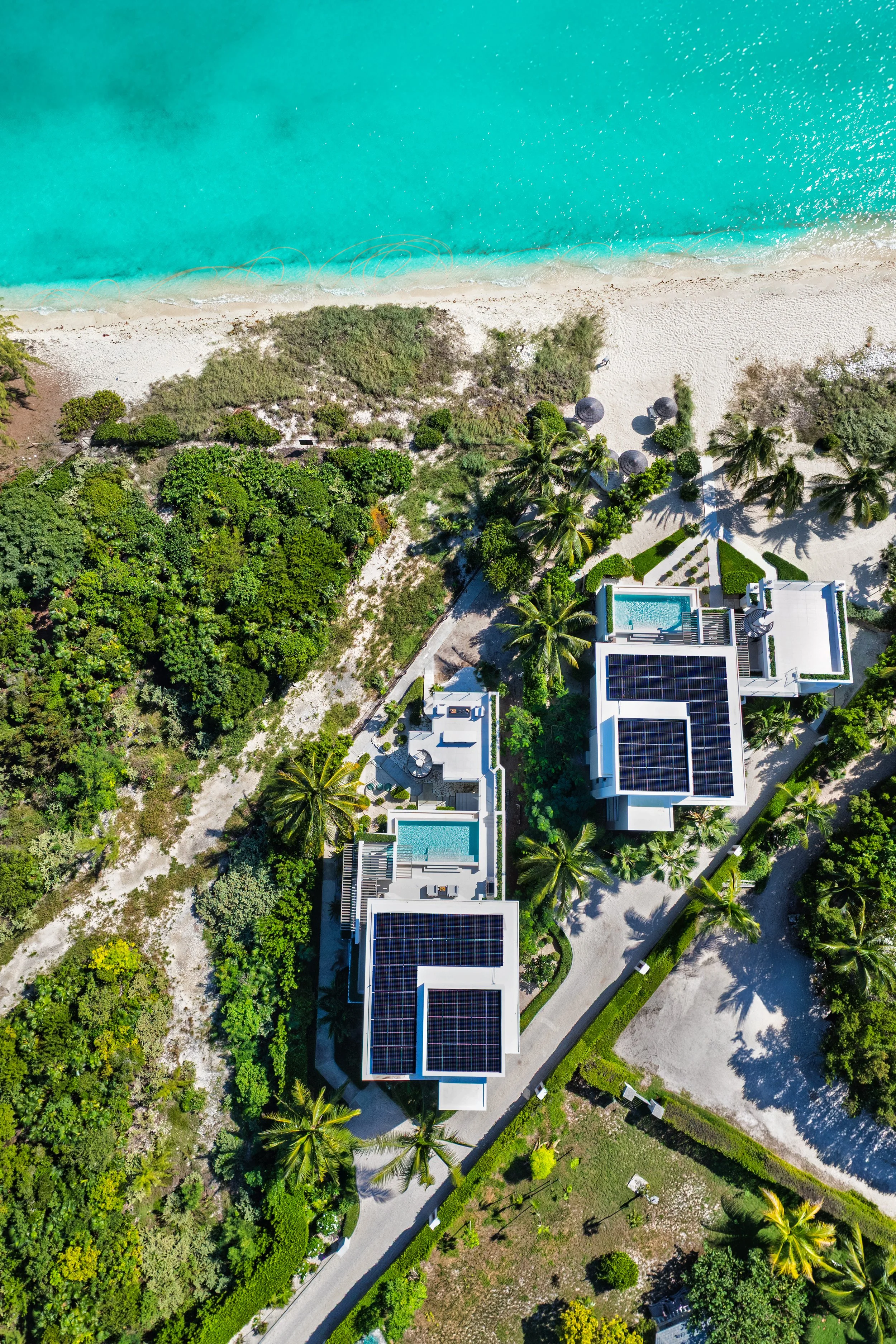 Aerial view of modern houses with gray roofs surrounded by lush green palm trees and tropical vegetation.