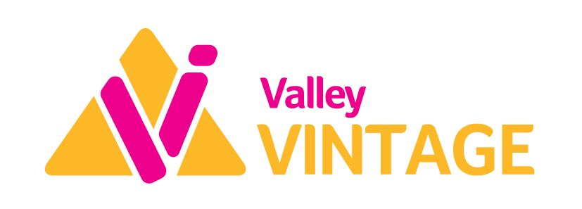 Logo for Valley Vintage a pink stylized V with pink text 'Valley' and yellow text 'VINTAGE'