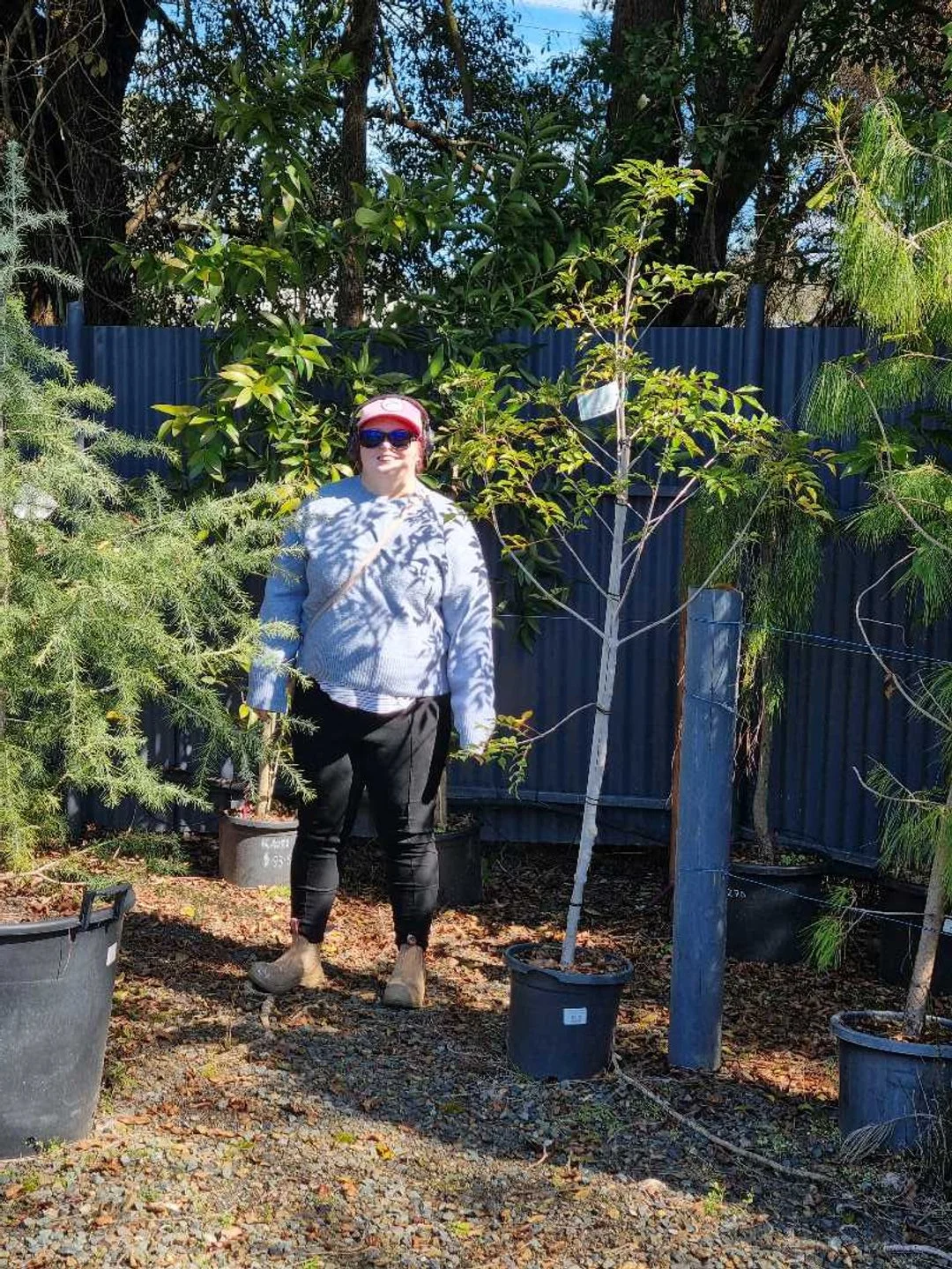 A woman standing in a garden surrounded by potted trees and plants, wearing a light gray sweater, black pants, tan boots, red sunglasses, and a red cap.
