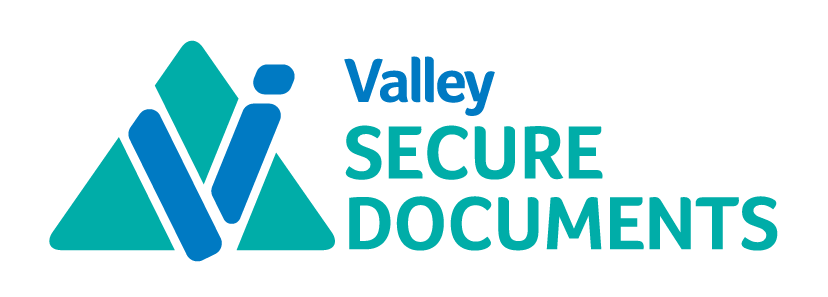 Valley Secure Documents logo with stylized mountain and checkmark in shades of blue and green.