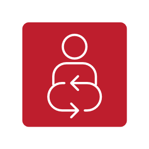 Valley Connections Icon, a person surrounded by arrows indicating feedback or renewal, on a red background.