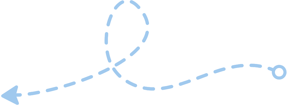 Blue dashed line showing a curvy route with arrow pointing left at the start and a circle at the end.