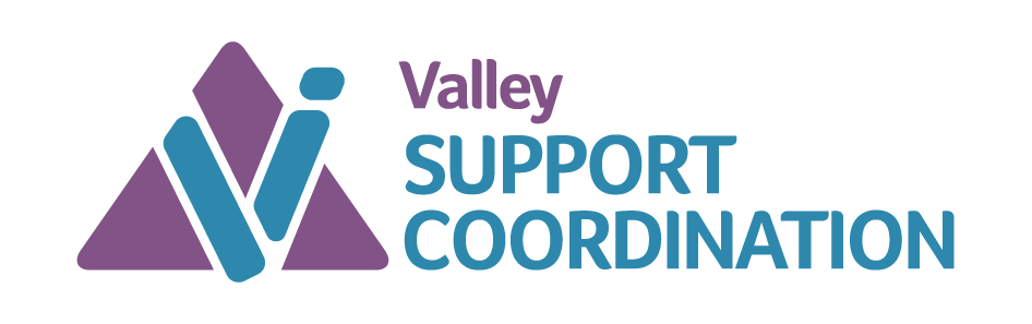 Logo for Valley Support Coordination featuring a purple and blue geometric mountain-like design and text.
