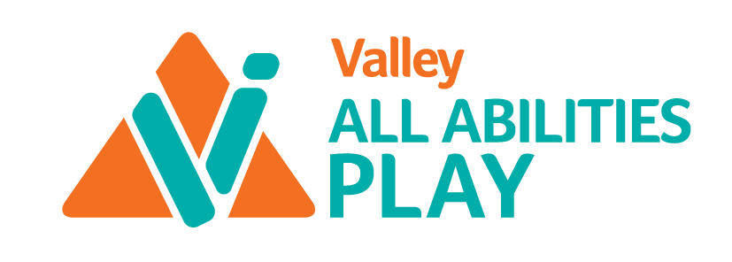 Valley All Abilities Play logo with orange triangles, blue playful shapes, and orange and teal text.