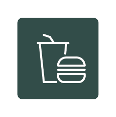Valley TAFE Canteen icon of a soft drink in a cup with a straw next to a hamburger.
