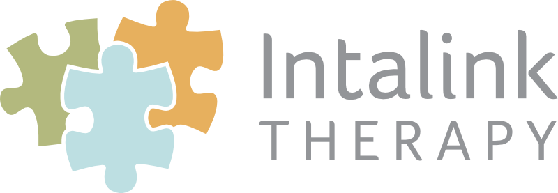 Logo for Intalink Therapy featuring four interlocking puzzle pieces in green, blue, orange, and beige, next to the company name.
