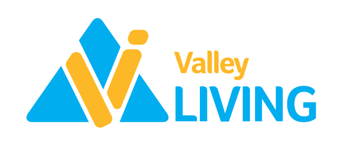 Valley Living logo in blue and yellow colours.