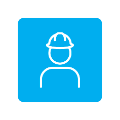 Icon of a person wearing a safety helmet on a blue background.