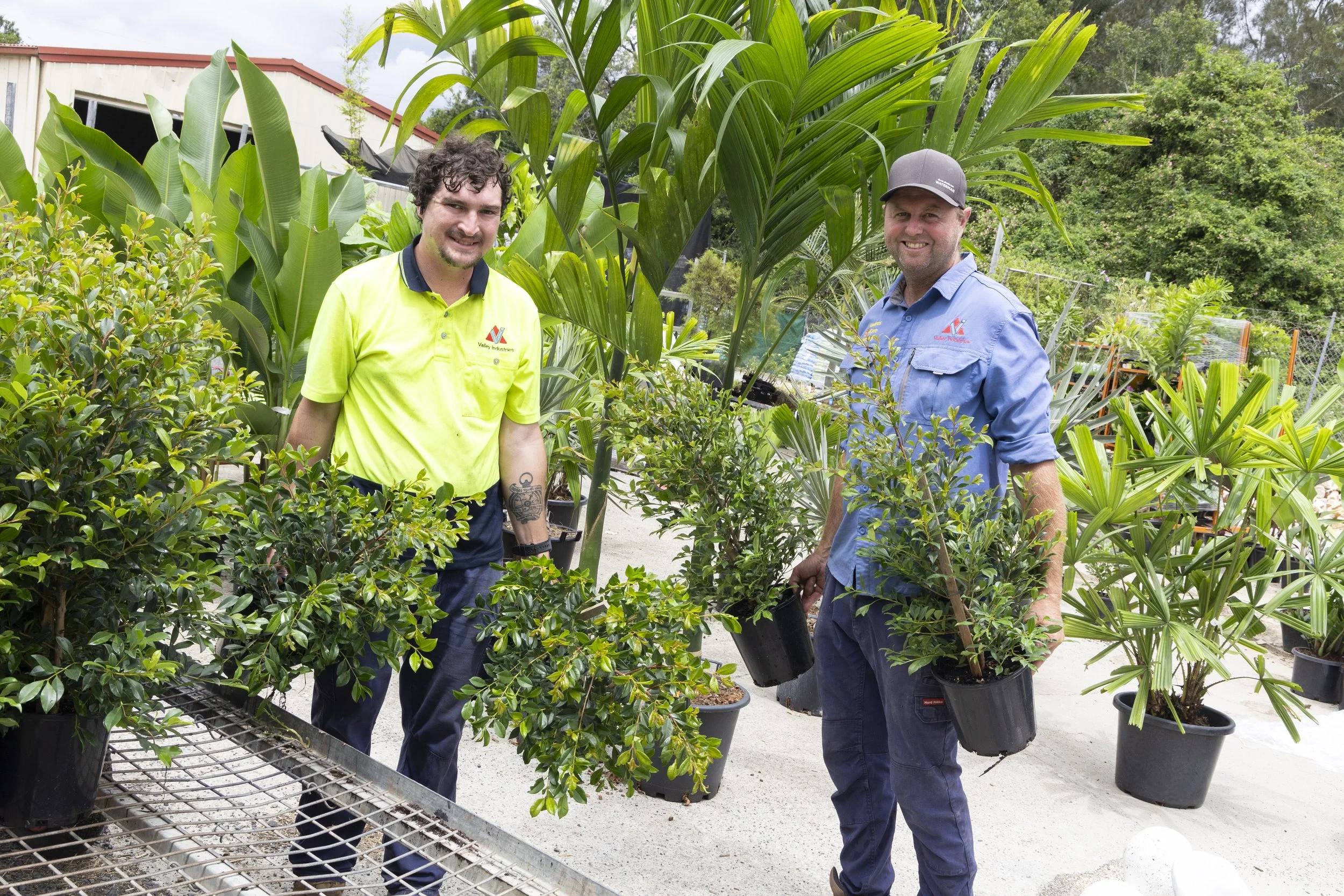 Two men standing beside potted green plants at the Valley Nature's Care Nursery, smiling while holding potted plants. 