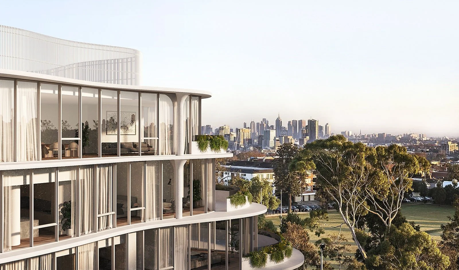 Angled shot highlighting rear elevation and connection between interior and outdoor space