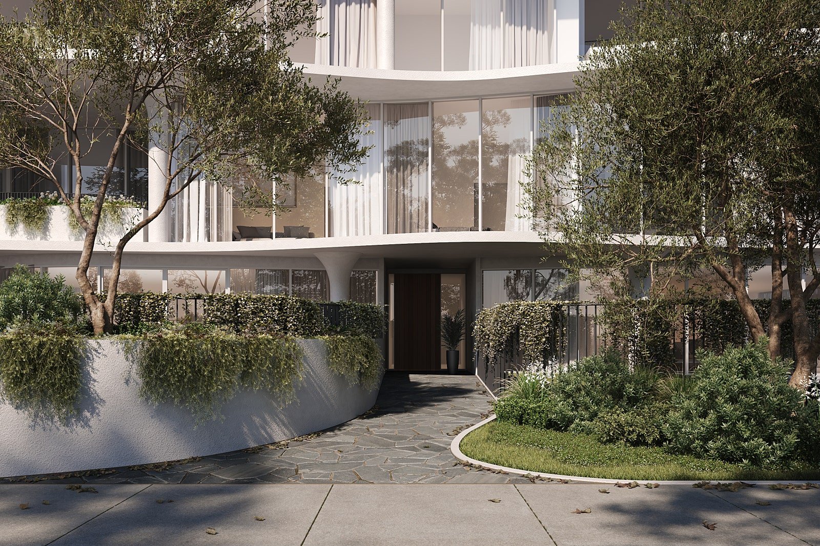 	Perspective view approaching the main entrance with landscaped pathway and natural textures