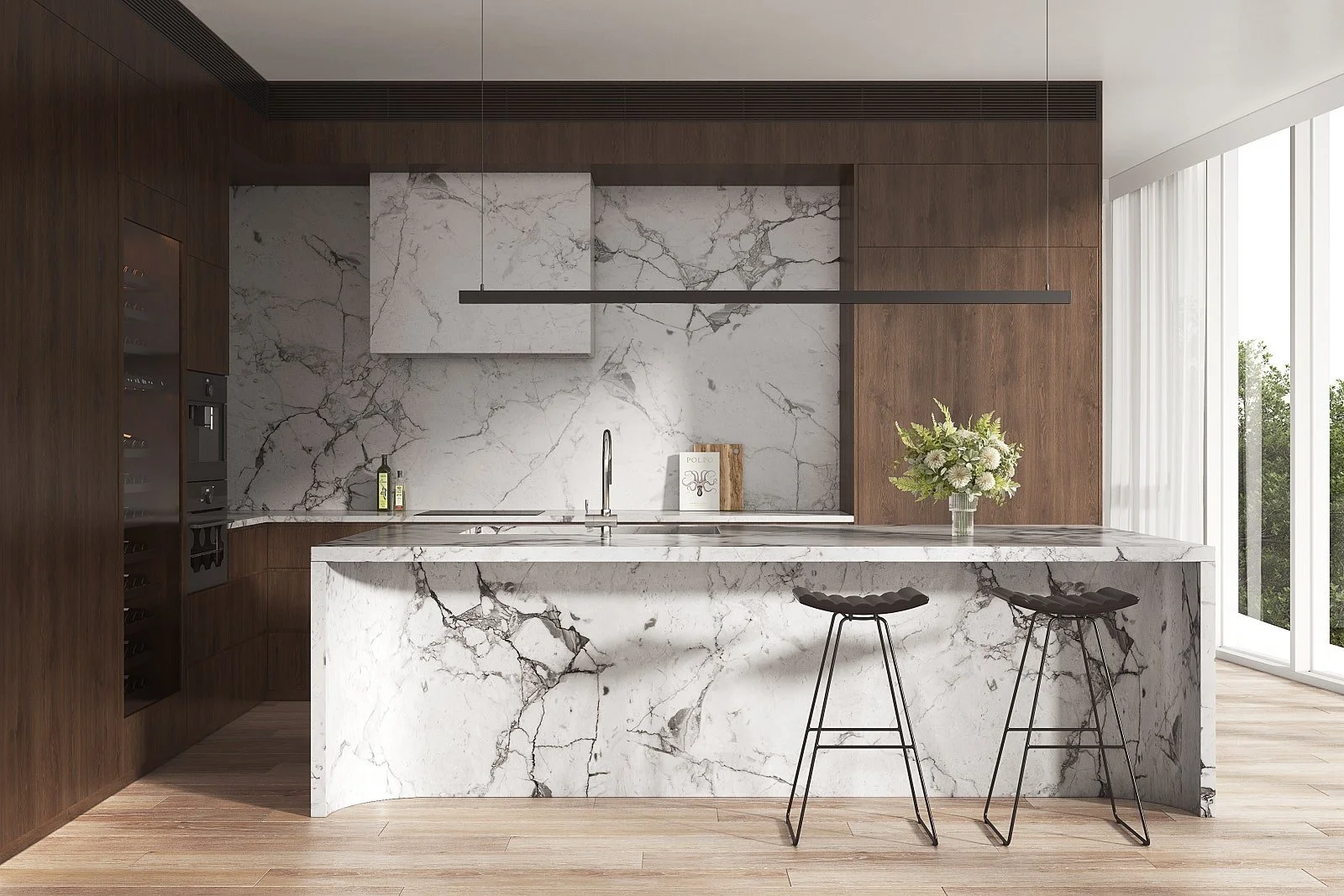 Modern kitchen interior with island bench, overhead cabinetry, and neutral-toned finishes