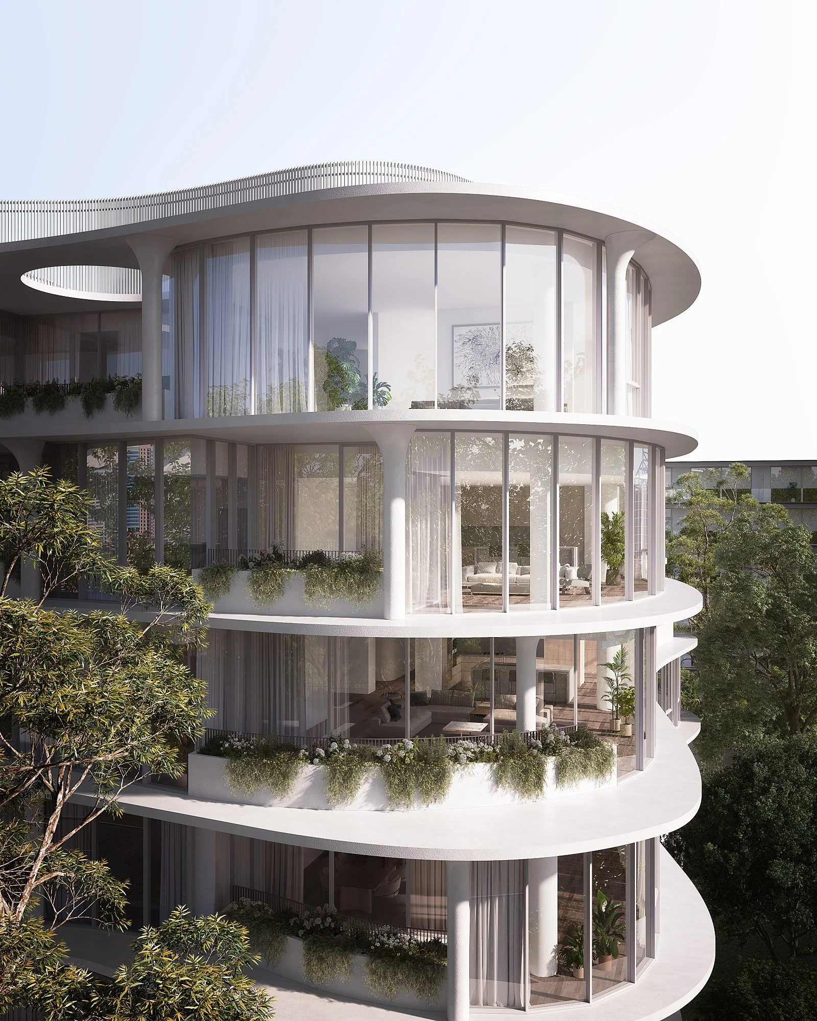 Side perspective render showing exterior form and views toward treetops in the surrounding area