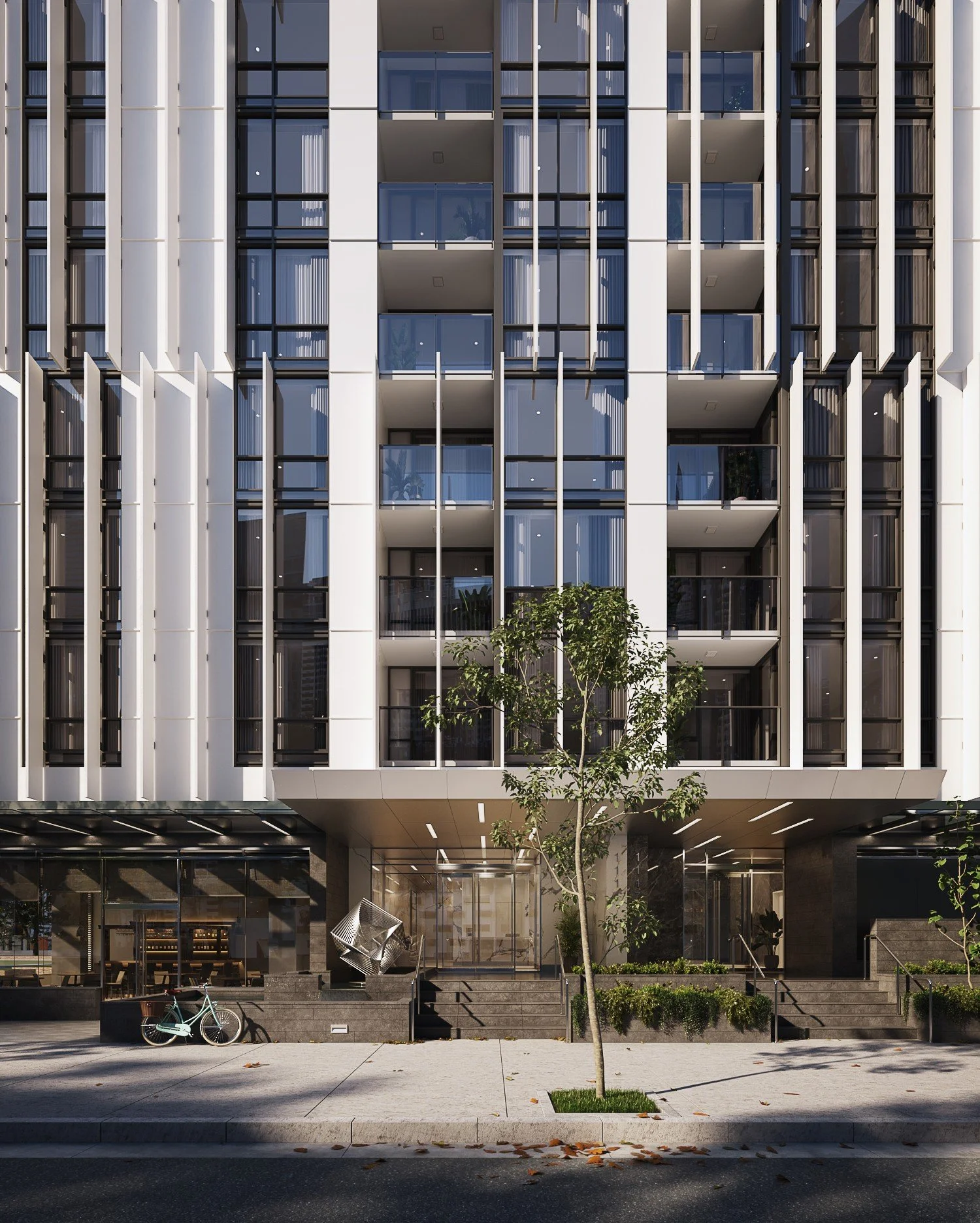 Daytime street-level view of 8x on the Park showing modern facade and urban setting