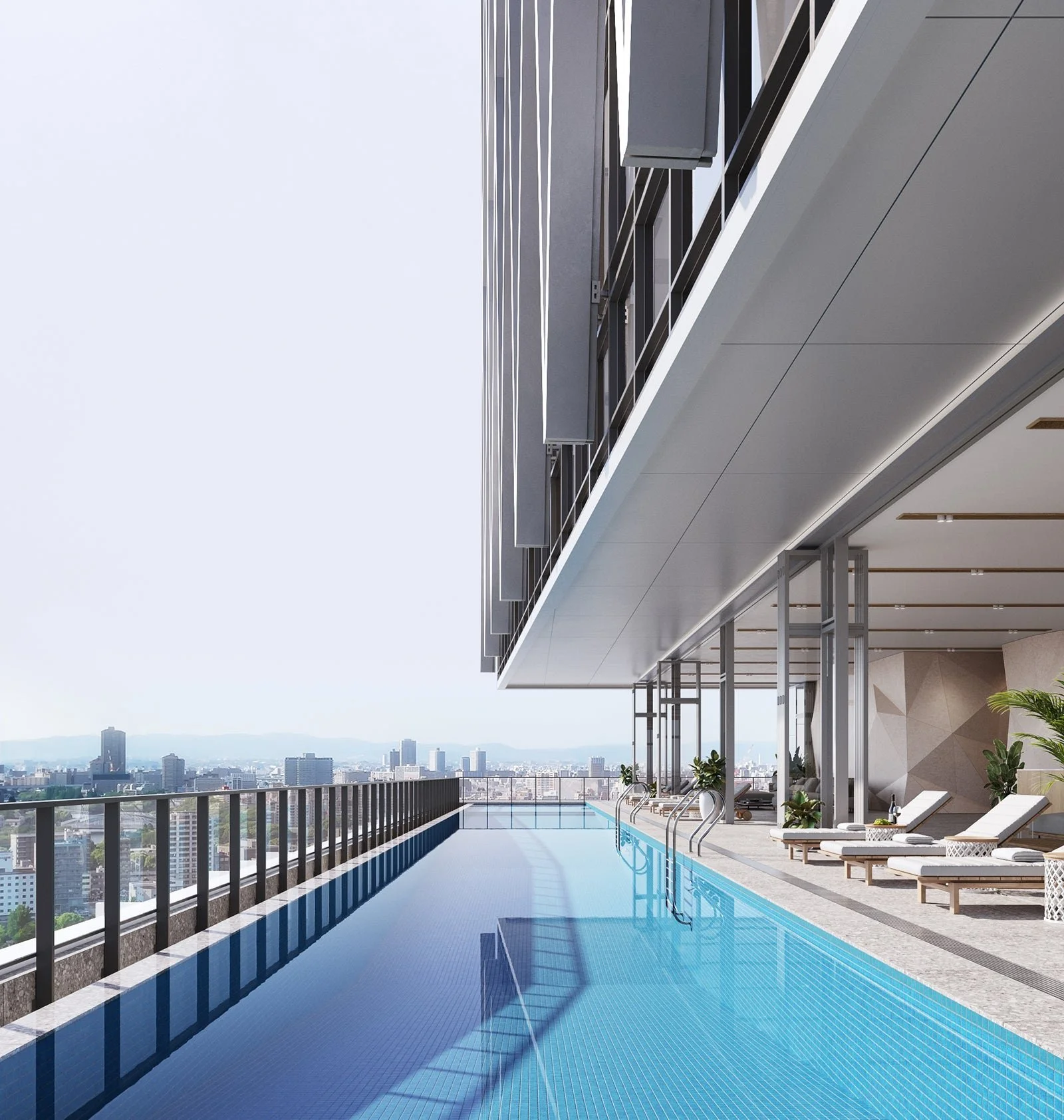 Rooftop outdoor swimming pool surrounded by greenery and luxury amenities