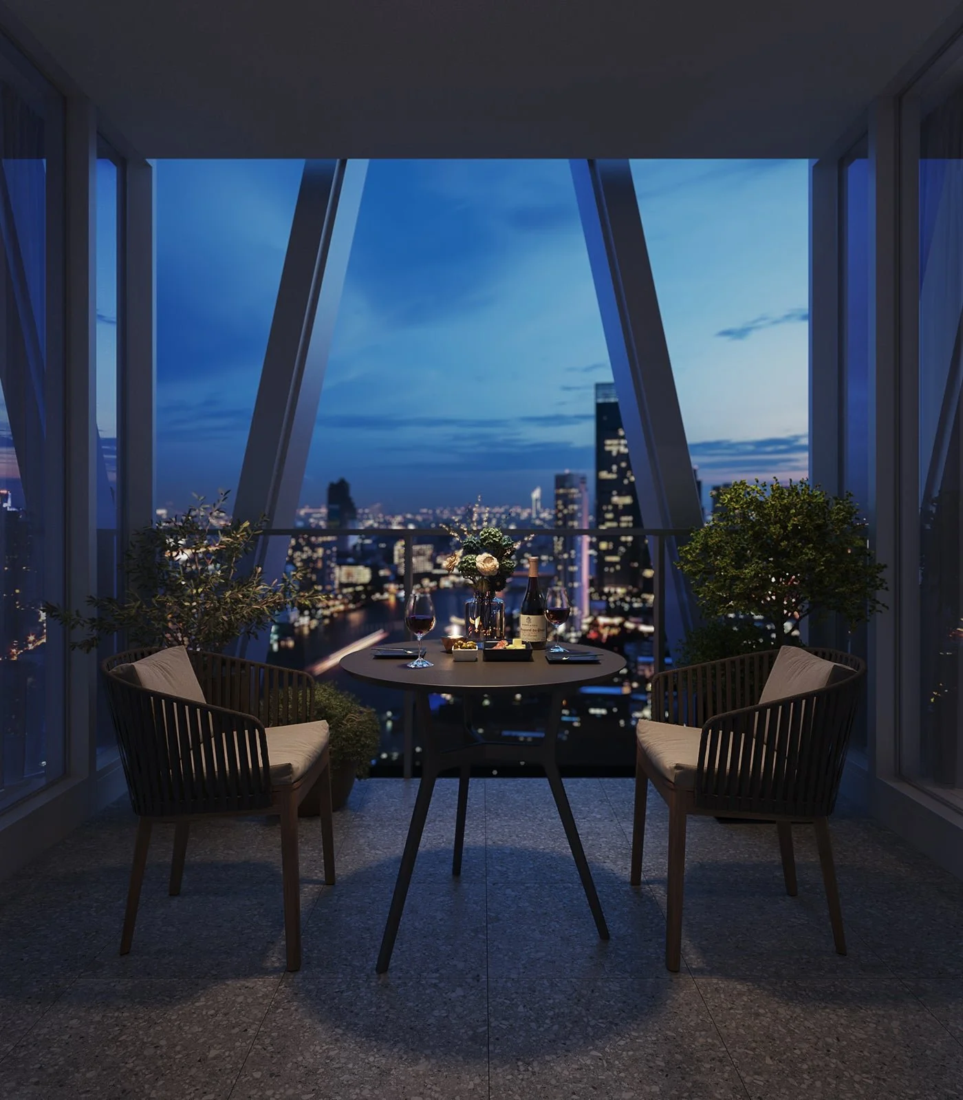 Private balcony with glass railing overlooking urban park views