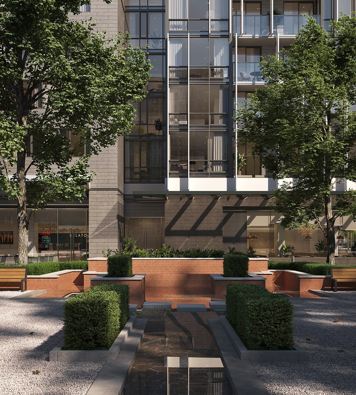 Wide-angle view of 8x on the Park residential building with glass and concrete materials